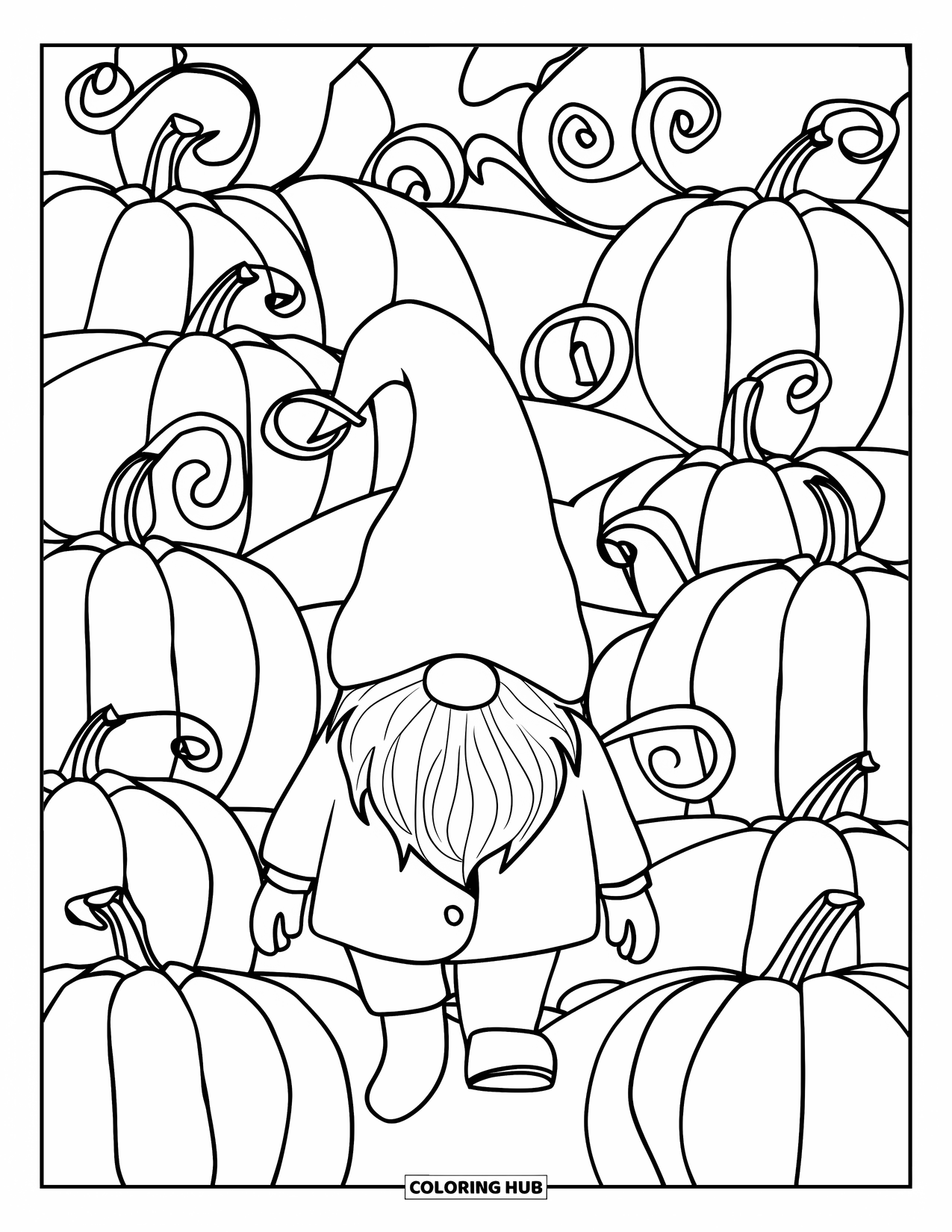 Fall Gnome Coloring Page for Adults: A gnome with a big beard walks through a vine-filled pumpkin harvest scene