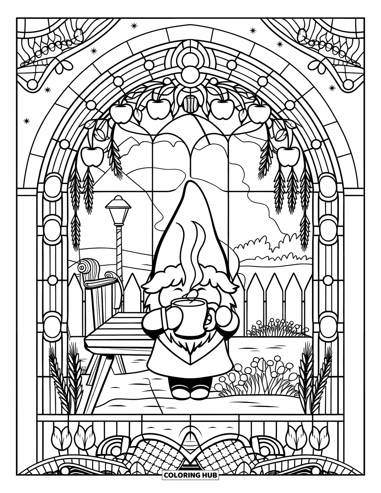 Fall Gnome Coloring Page for Adults: A smiling gnome holds a steaming mug under a stained glass archway