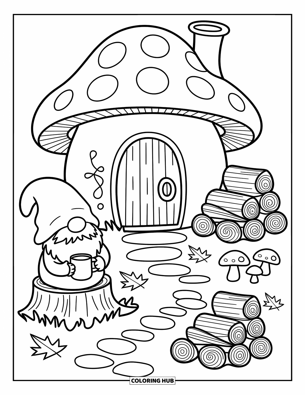 Fall Gnome Coloring Page for Adults: A smiling gnome sips tea under the trees beside his tiny mushroom cottage