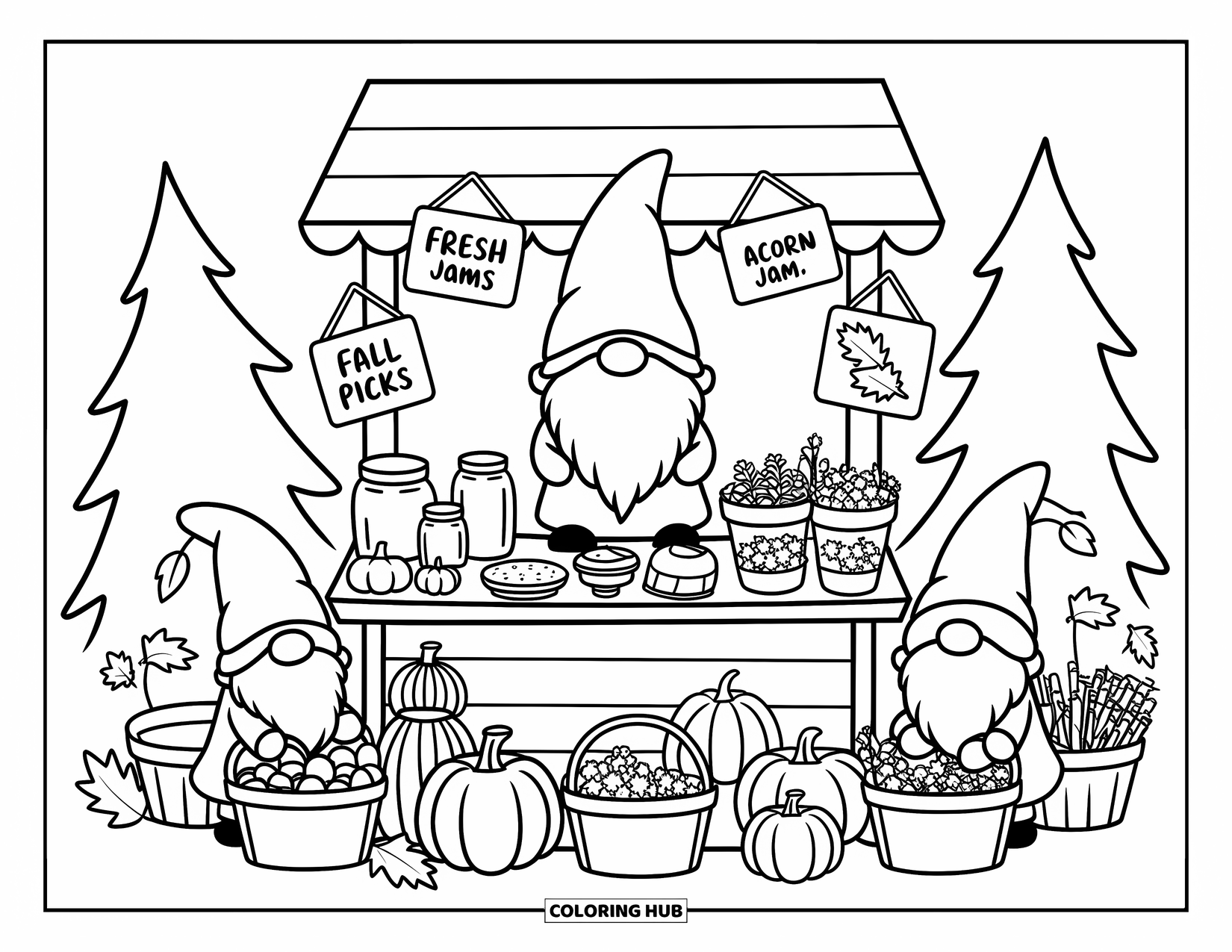 Fall Gnome Coloring Page for Adults: Gnomes browse tiny baskets of herbs, pies, and pumpkins at a cute fall market