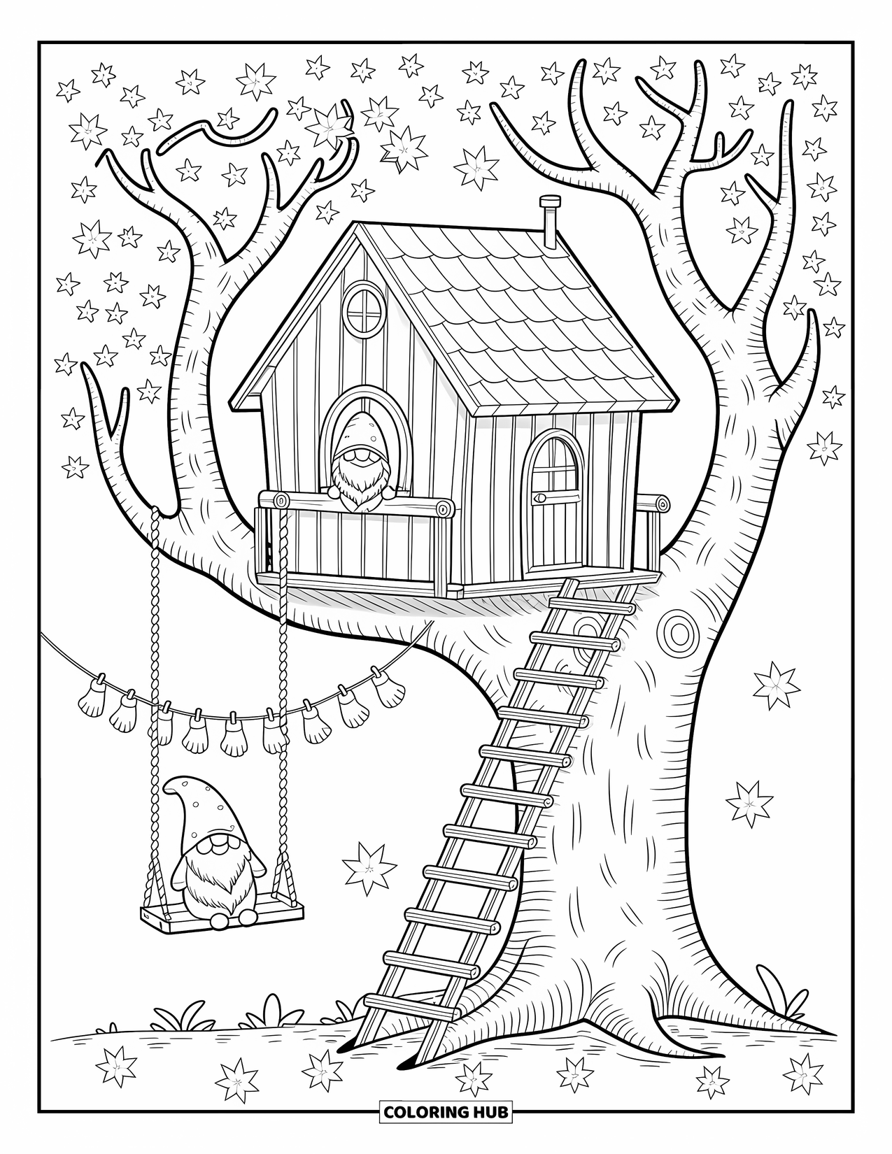 Fall Gnome Coloring Page for Adults: Leaves swirl as a gnome enjoys the view from his treehouse window