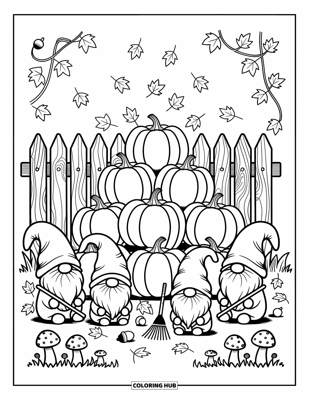 Fall Gnome Coloring Page for Adults: Miniature rakes in hand, gnomes tidy leaves around tall, bumpy pumpkins