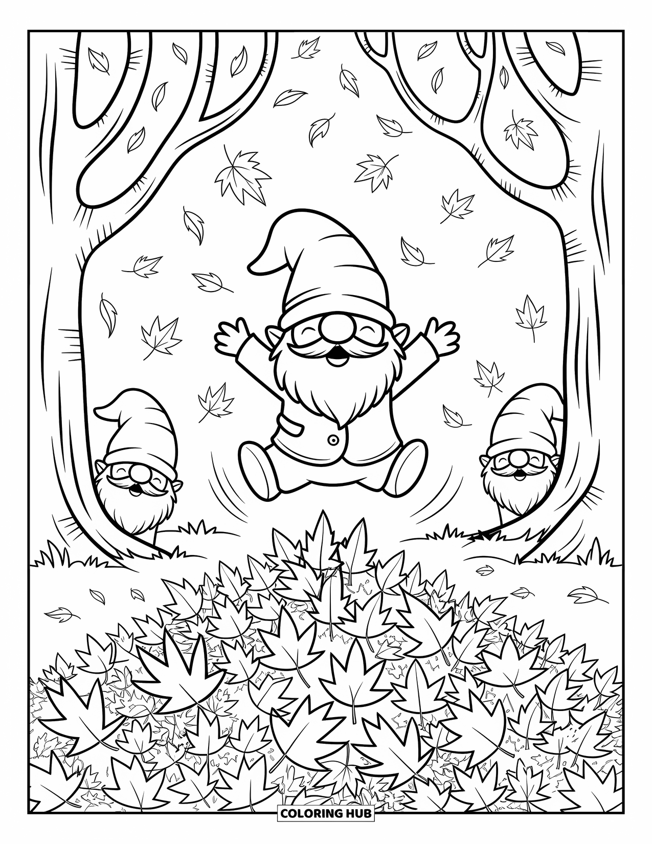 Fall Gnome Coloring Page for Adults: Two gnomes giggle from behind trees as their friend dives into the leaves