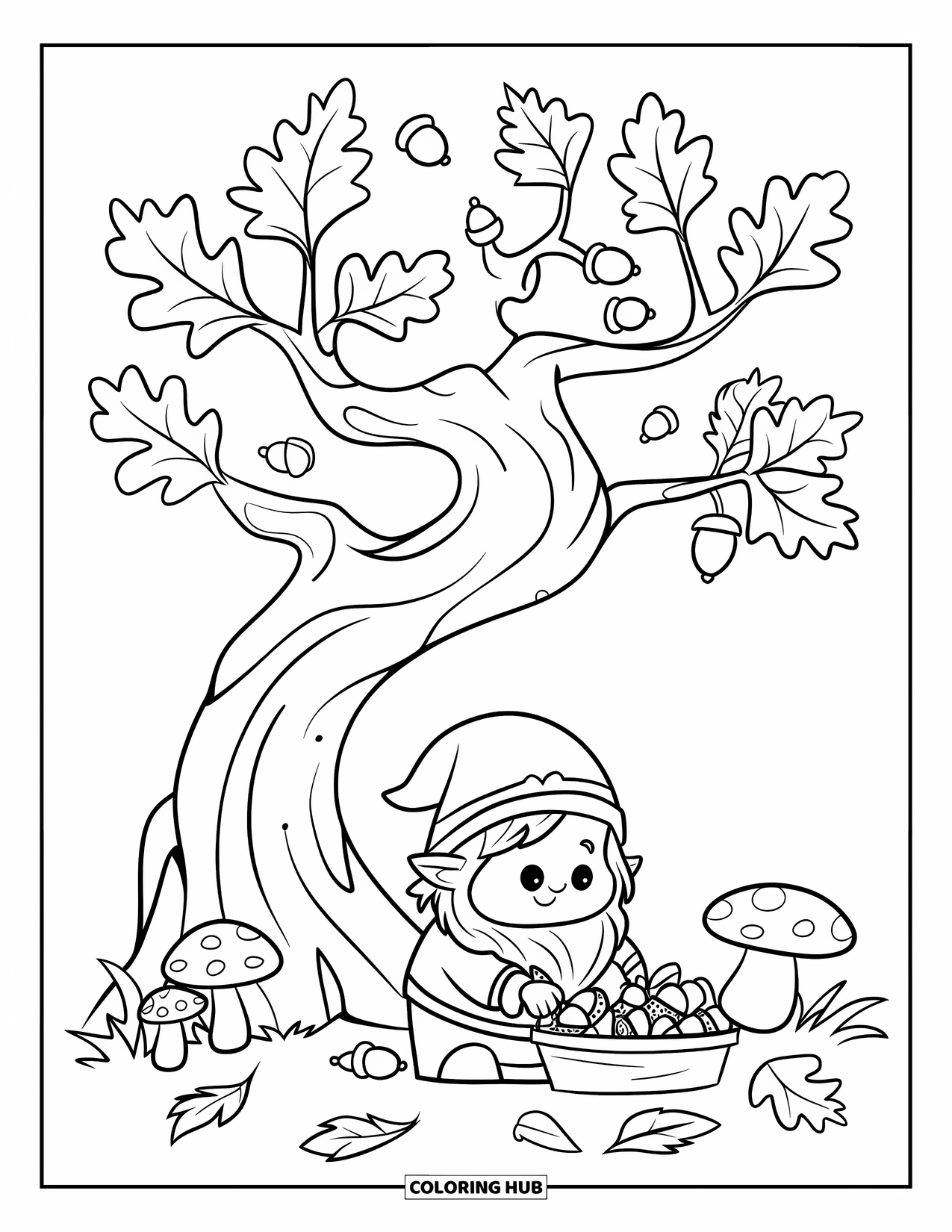 Fall Gnome Coloring Page for Kids: A cheerful gnome picks acorns under a twisted tree surrounded by leaves and mushrooms
