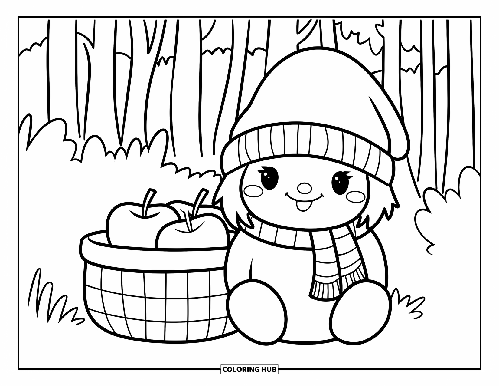 Fall Gnome Coloring Page for Kids: A cozy gnome in a scarf rests beside apples under tall forest trees