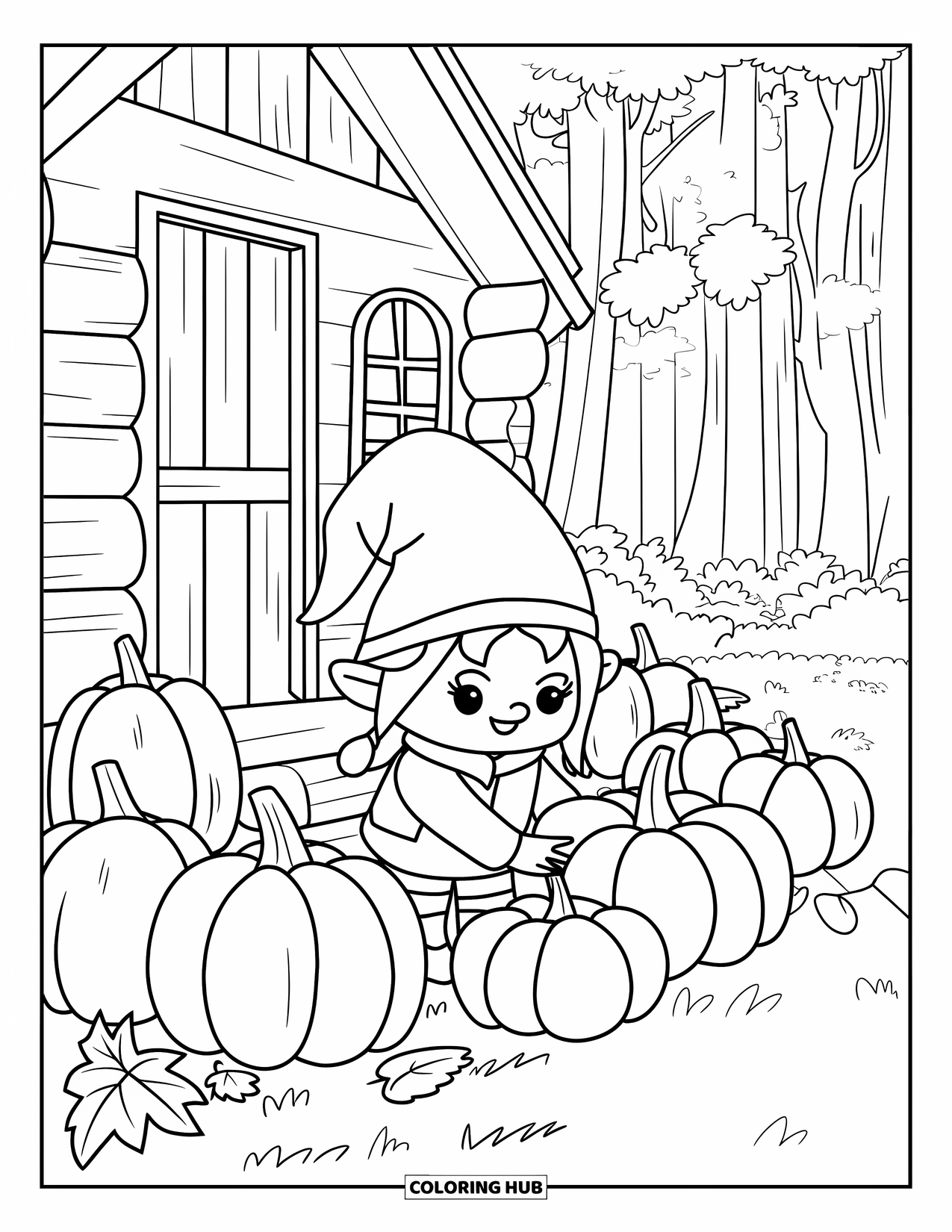 Fall Gnome Coloring Page for Kids: A cozy gnome places pumpkins outside a tall cabin with leaves on the ground