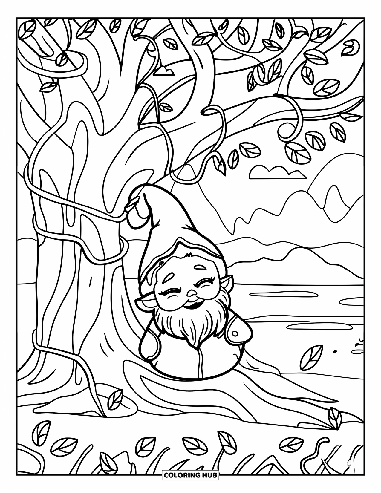 Fall Gnome Coloring Page for Kids: A cozy gnome rests beneath a twisting tree with vines and views of mountains