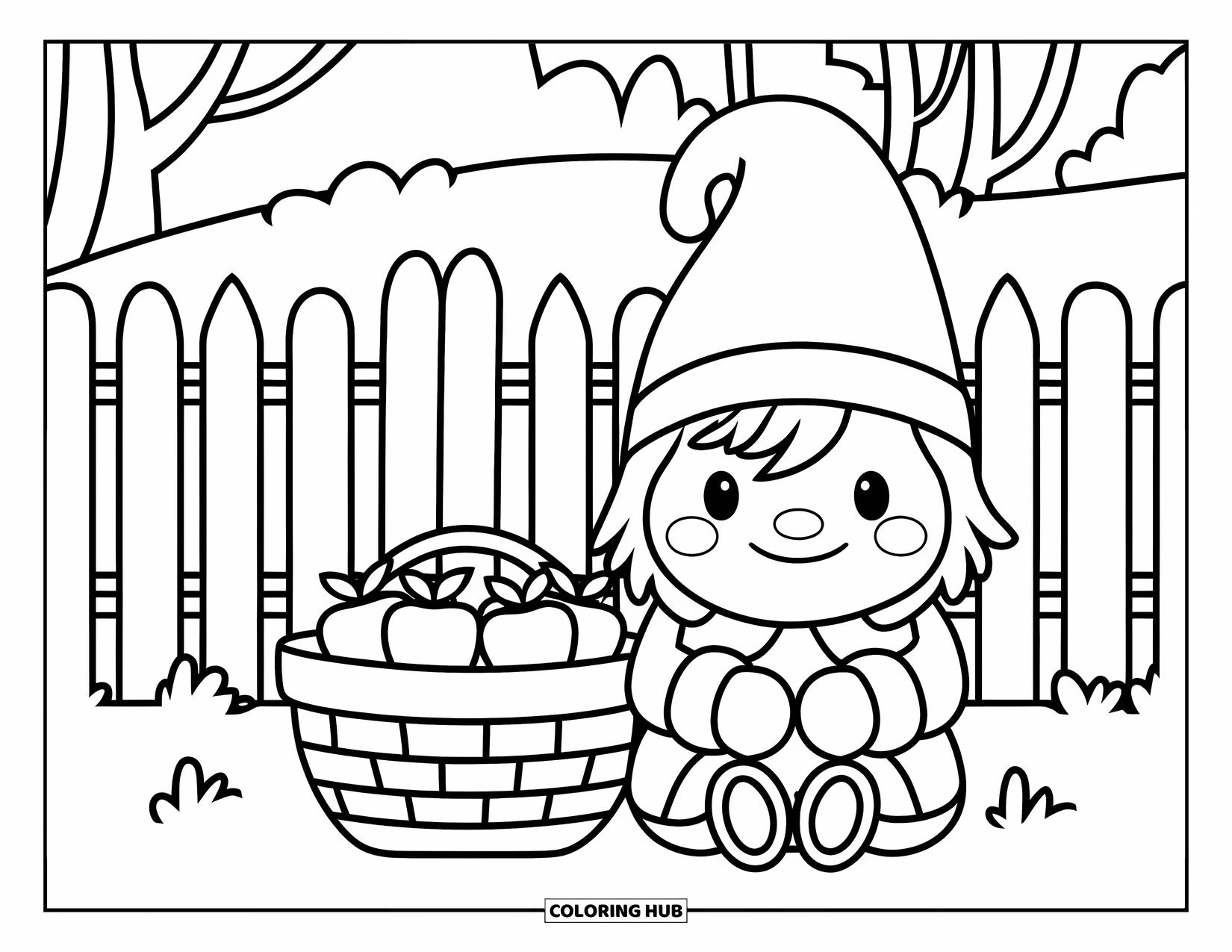 Fall Gnome Coloring Page for Kids: A cozy gnome sits beside apples near a fence and a couple of trees