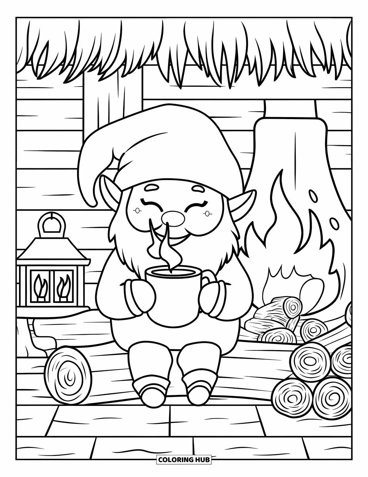 Fall Gnome Coloring Page for Kids: A cozy gnome with a mug smiles near a fireplace, lantern, and wooden cabin