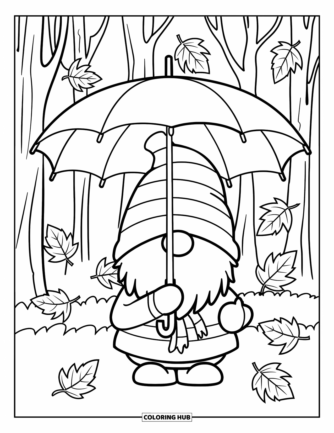 Fall Gnome Coloring Page for Kids: A cozy gnome with a scarf holds an umbrella beneath tall trees and falling leaves