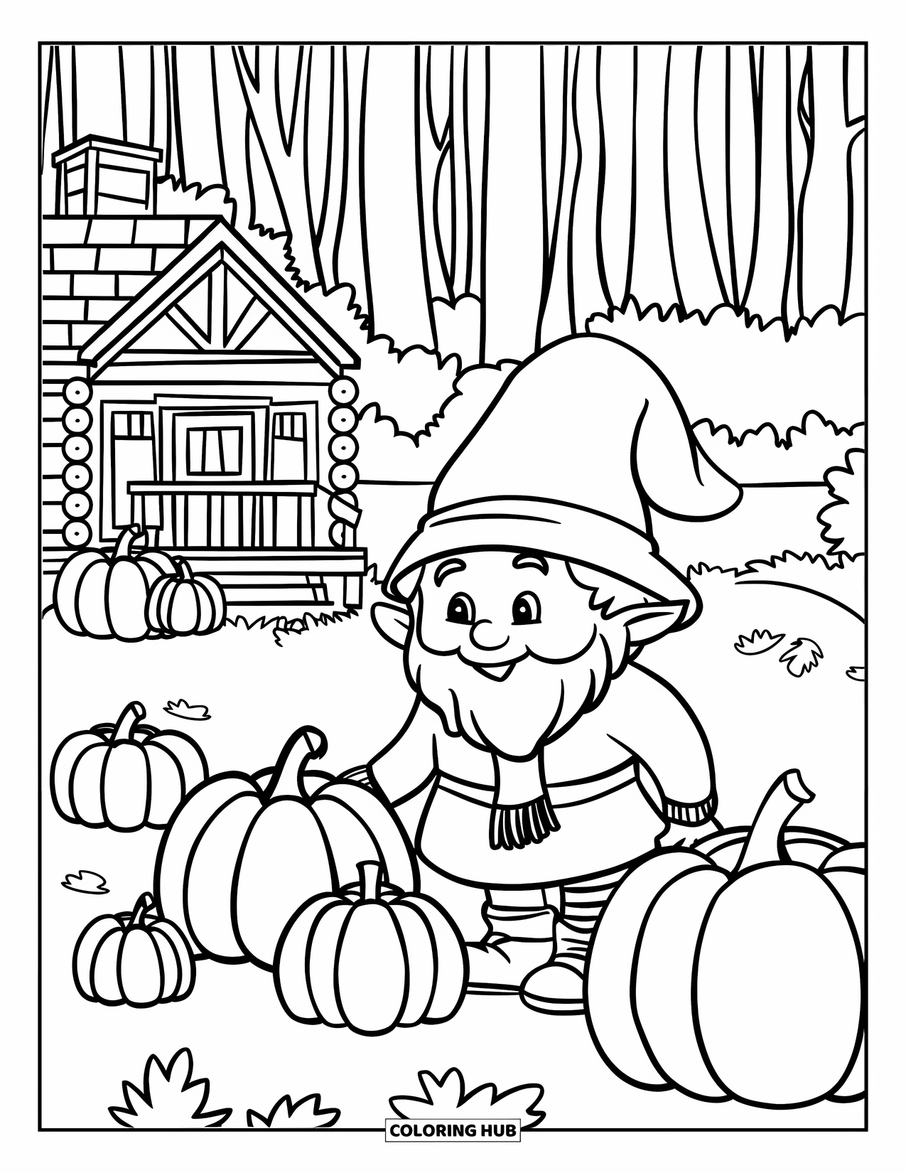Fall Gnome Coloring Page for Kids: A gnome arranges pumpkins outside a wooden cabin nestled in a forest
