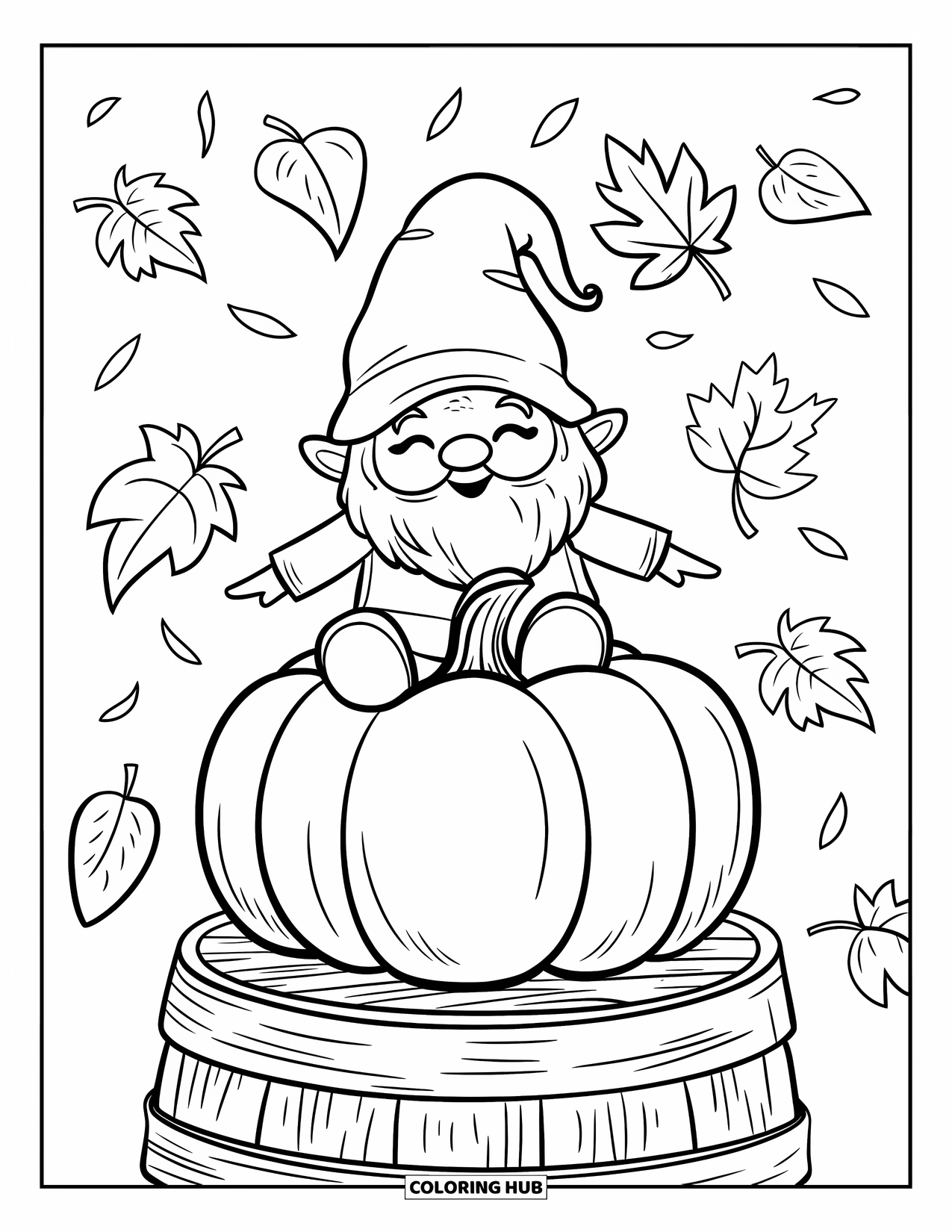 Fall Gnome Coloring Page for Kids: A gnome balances on a pumpkin during a storm of swirling autumn leaves