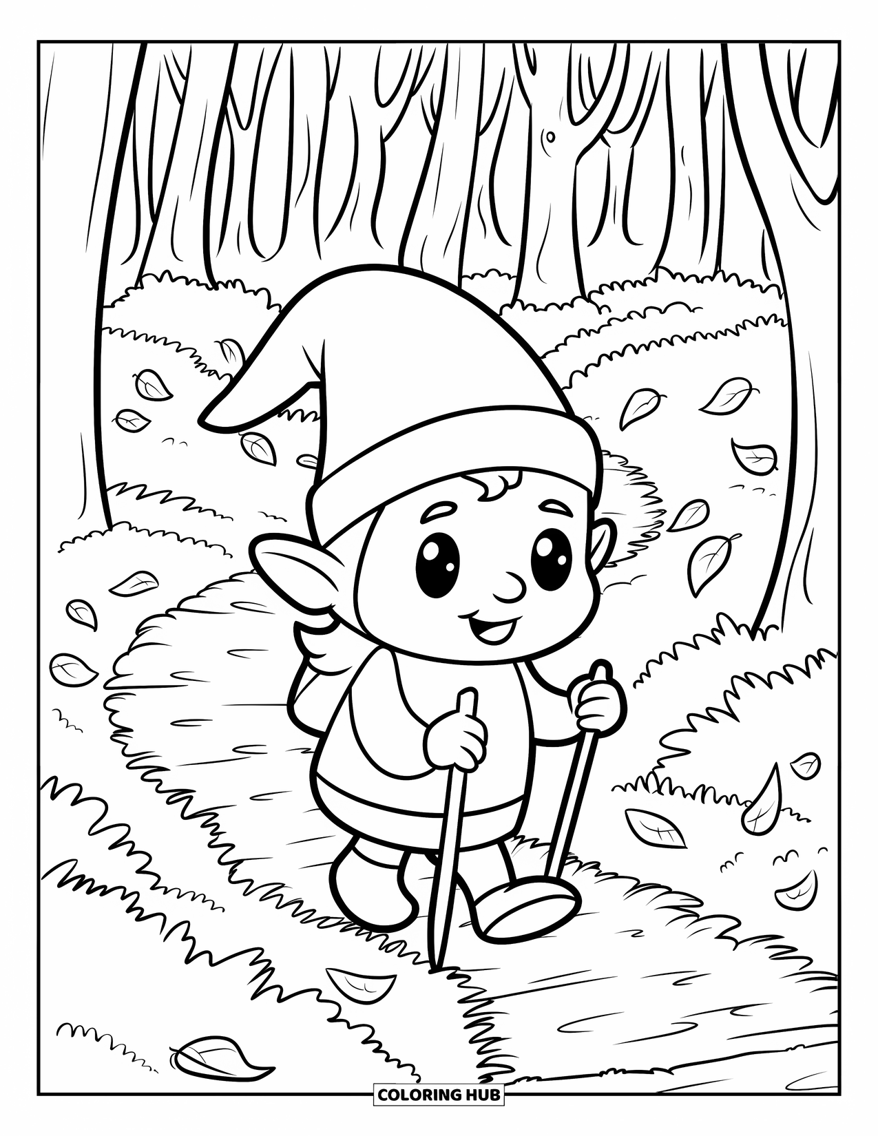Fall Gnome Coloring Page for Kids: A gnome hikes through a forest trail with swirling leaves and a walking stick