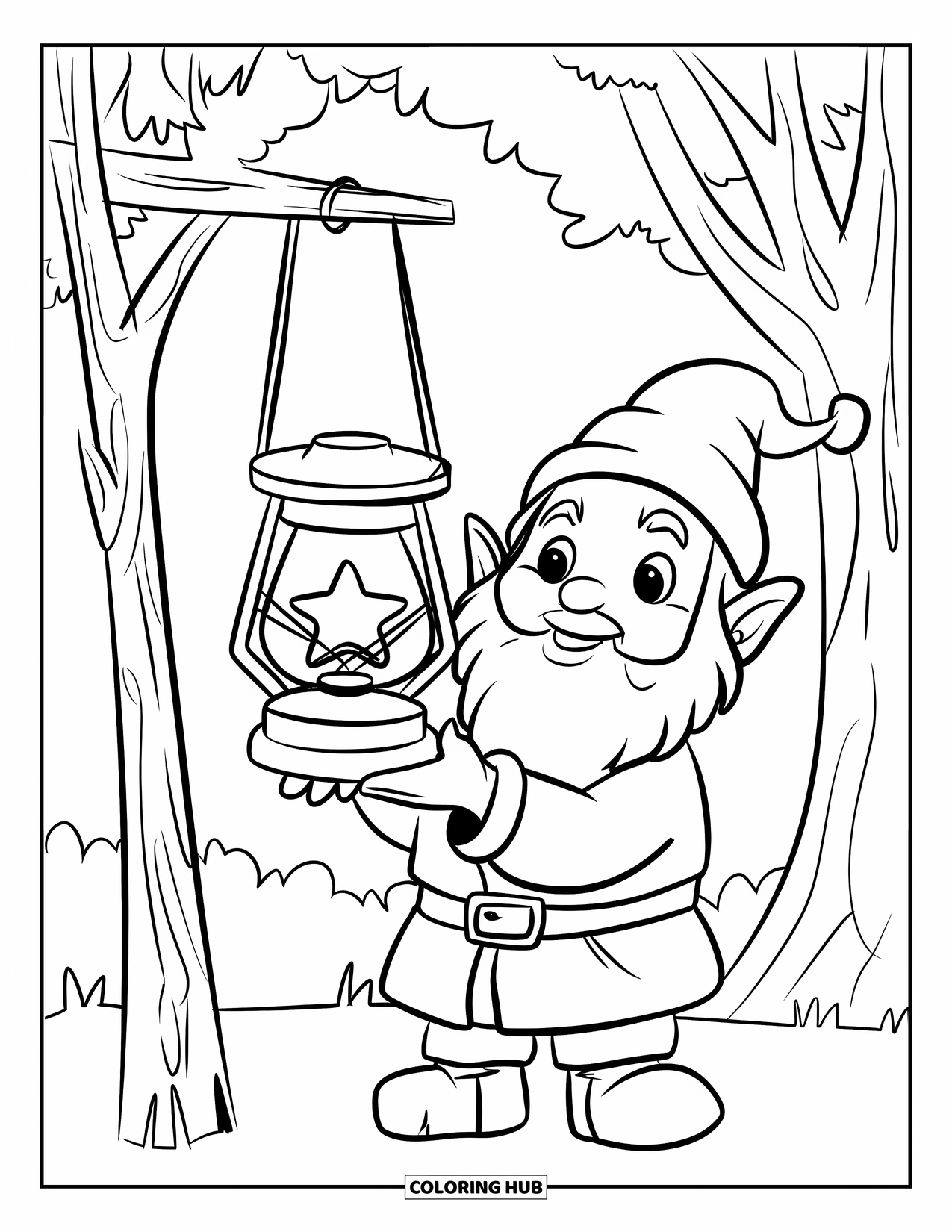 Fall Gnome Coloring Page for Kids: A gnome holds a lantern with a star above it in a forest setting