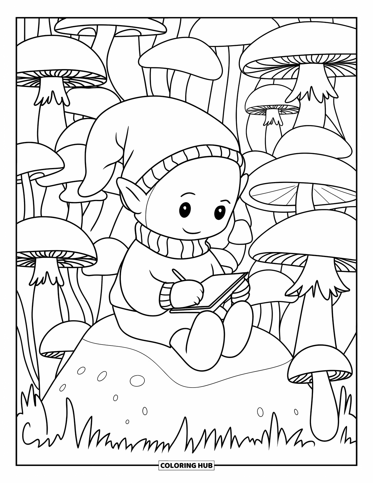 Fall Gnome Coloring Page for Kids: A gnome in a sweater sketches tall mushrooms in a forest of trees