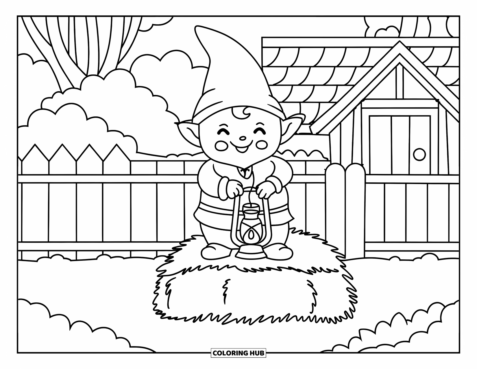 Fall Gnome Coloring Page for Kids: A gnome lights a lantern while standing on a hay bale near a cozy cottage
