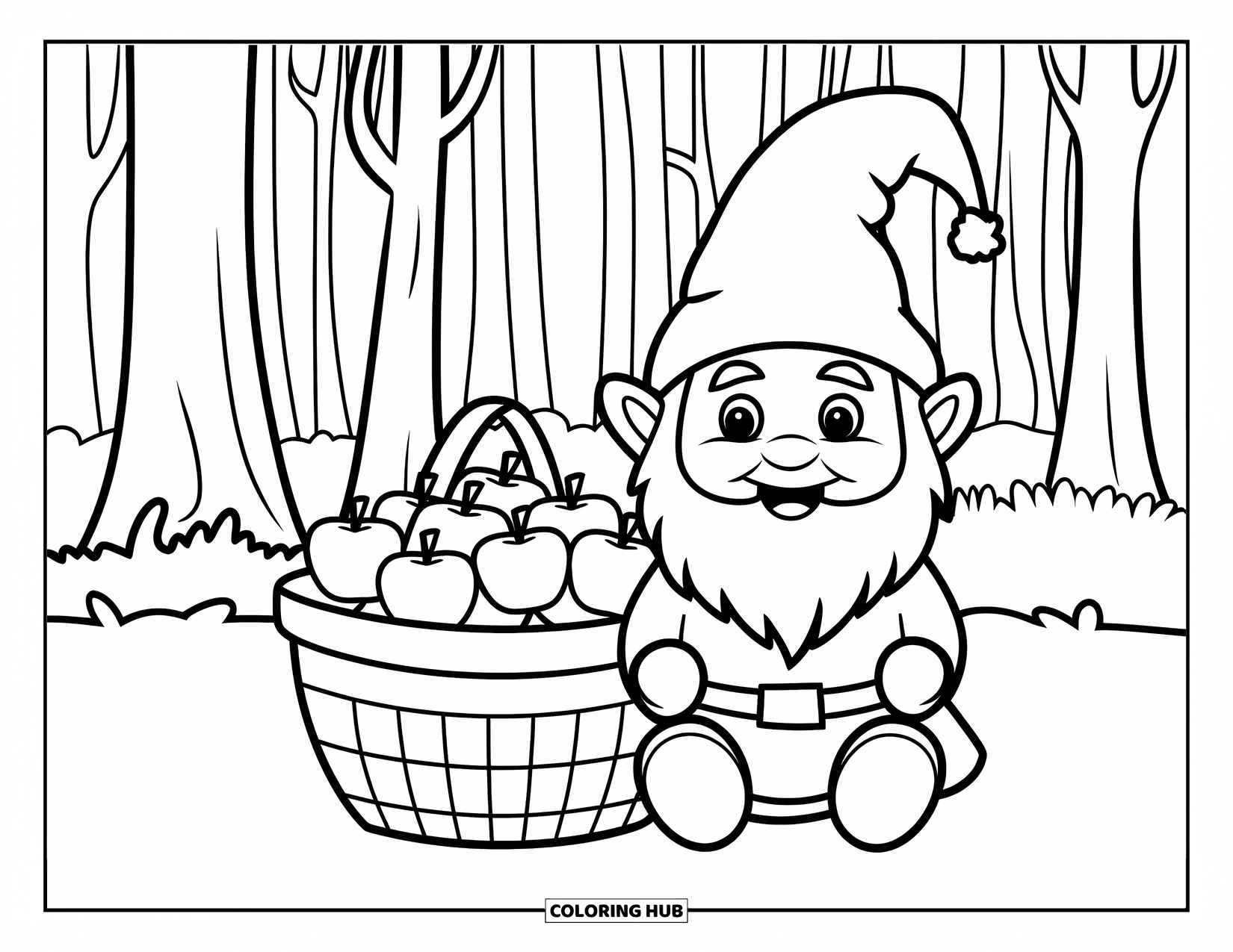 Fall Gnome Coloring Page for Kids: A gnome sits beside a basket of apples in a forest with tall trees
