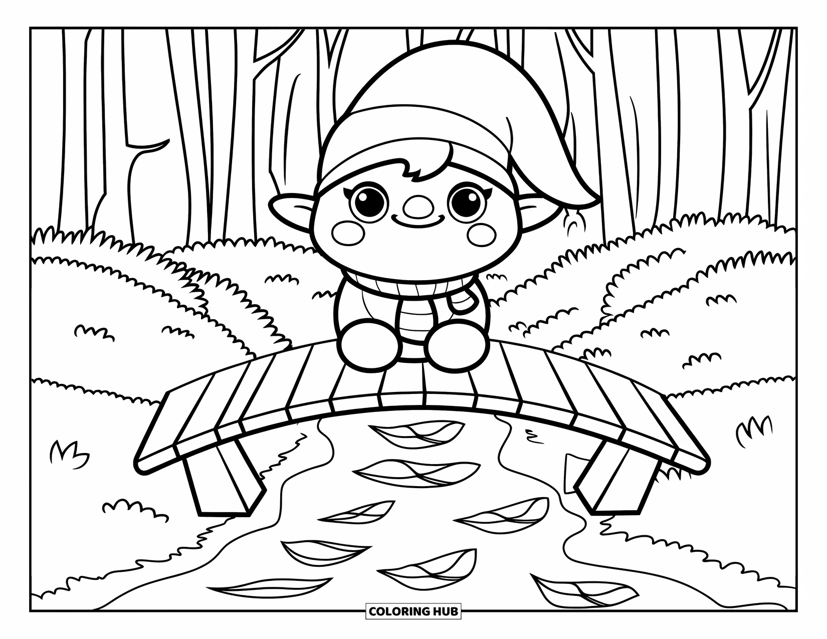 Fall Gnome Coloring Page for Kids: A gnome sits on a bridge over a leafy stream in a quiet autumn forest