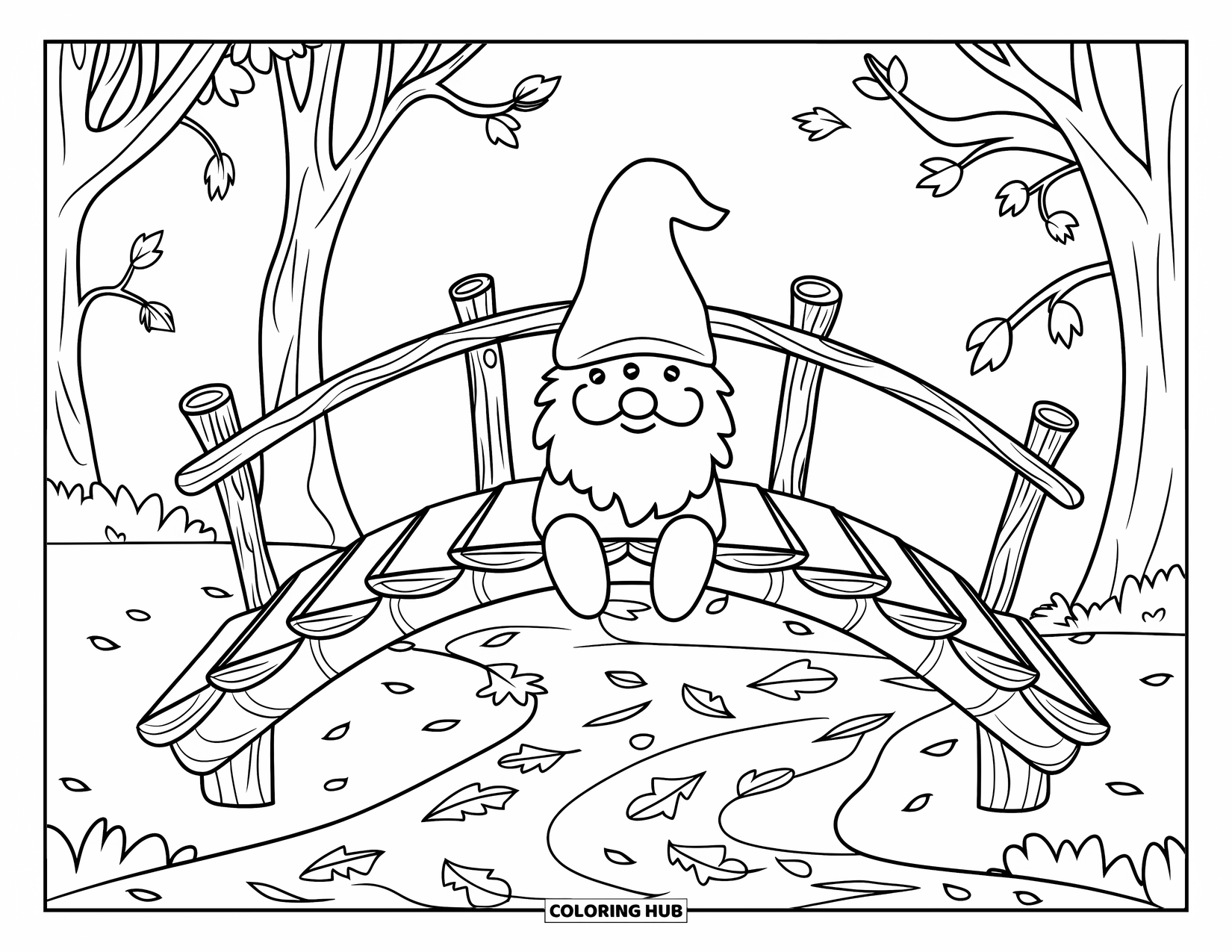 Fall Gnome Coloring Page for Kids: A gnome sits on a log bridge above a leaf-covered stream in the forest
