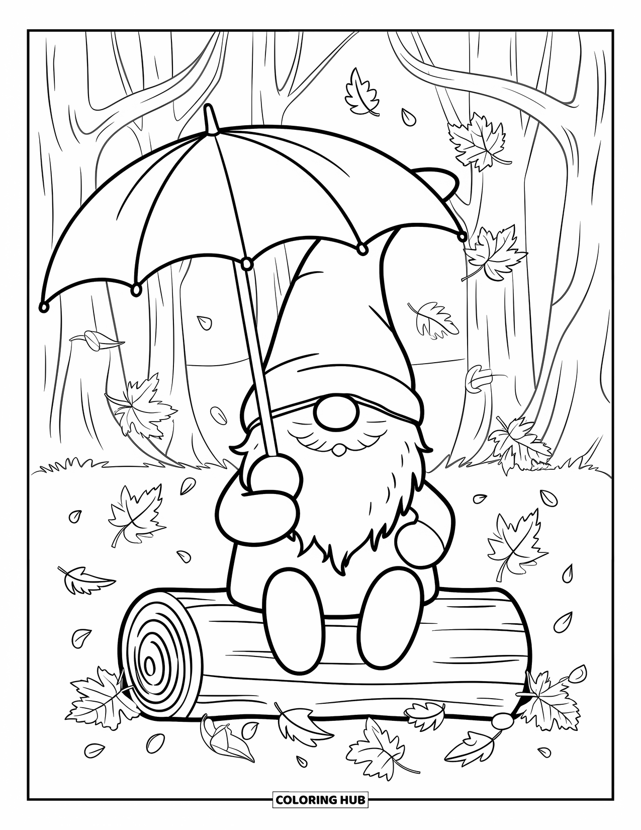 Fall Gnome Coloring Page for Kids: A gnome sits on a log with an umbrella as leaves fall gently around him