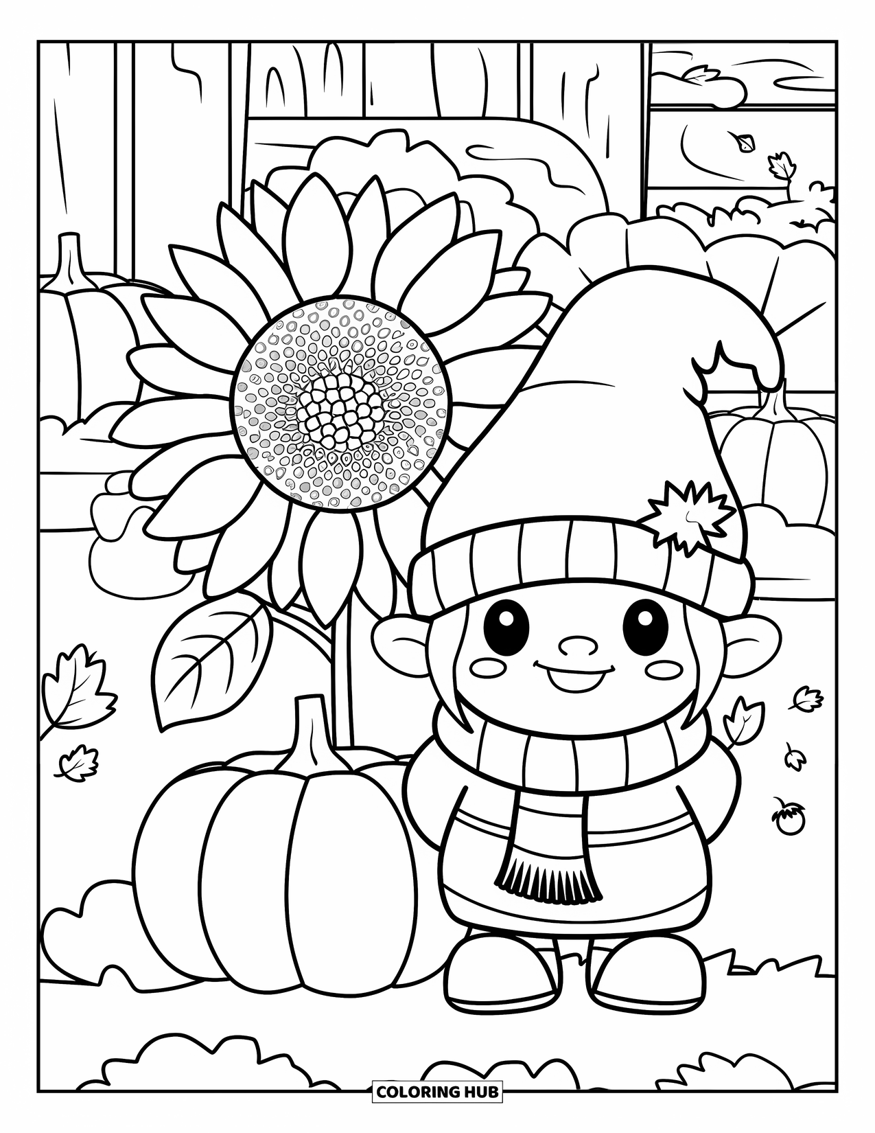 Fall Gnome Coloring Page for Kids: A gnome stands beside a giant sunflower with pumpkins and cozy fall decor