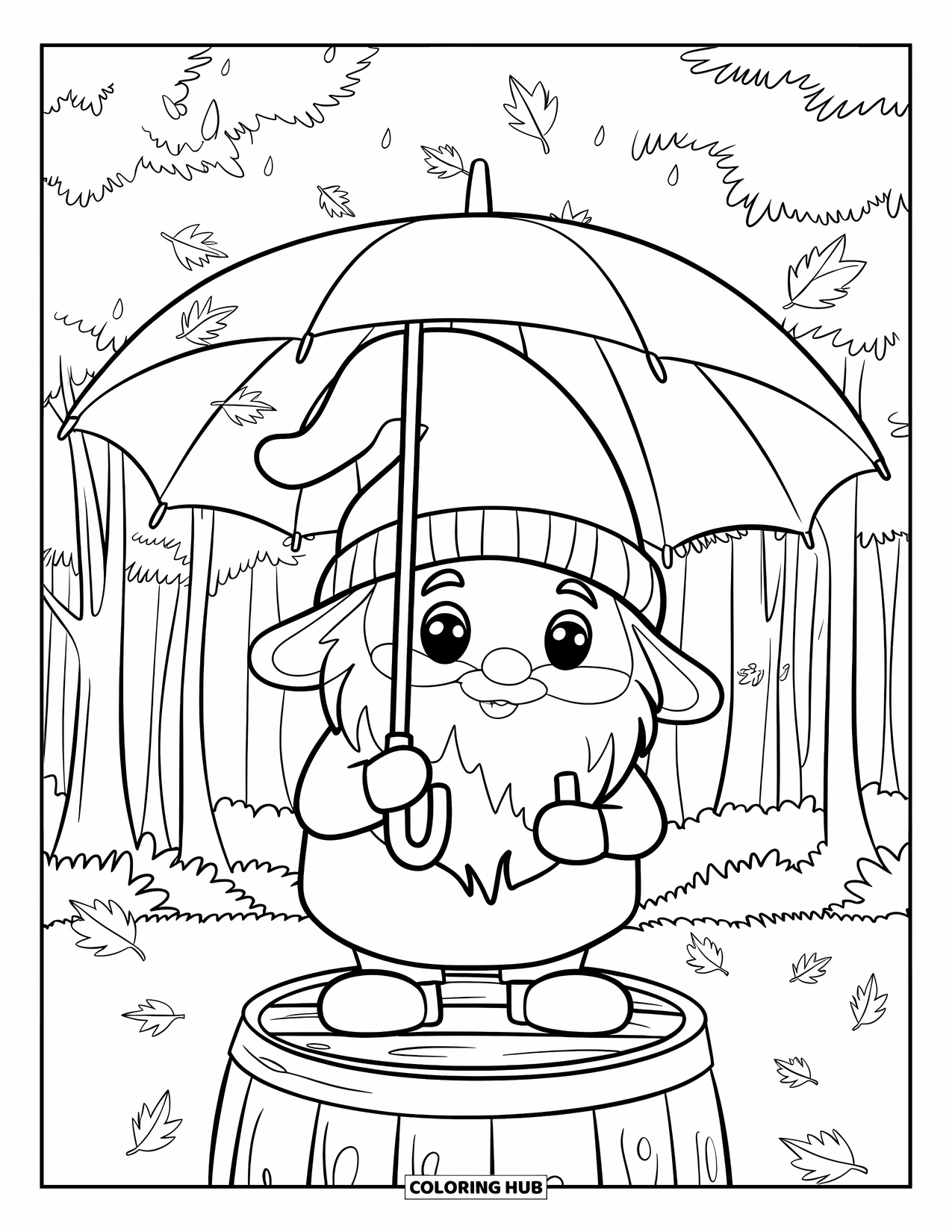 Fall Gnome Coloring Page for Kids: A gnome stands on a barrel holding an umbrella under swirling autumn leaves