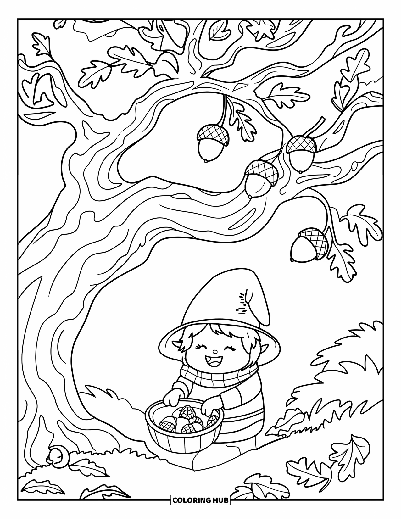 Fall Gnome Coloring Page for Kids: A gnome with a scarf gathers acorns under a tree filled with falling leaves