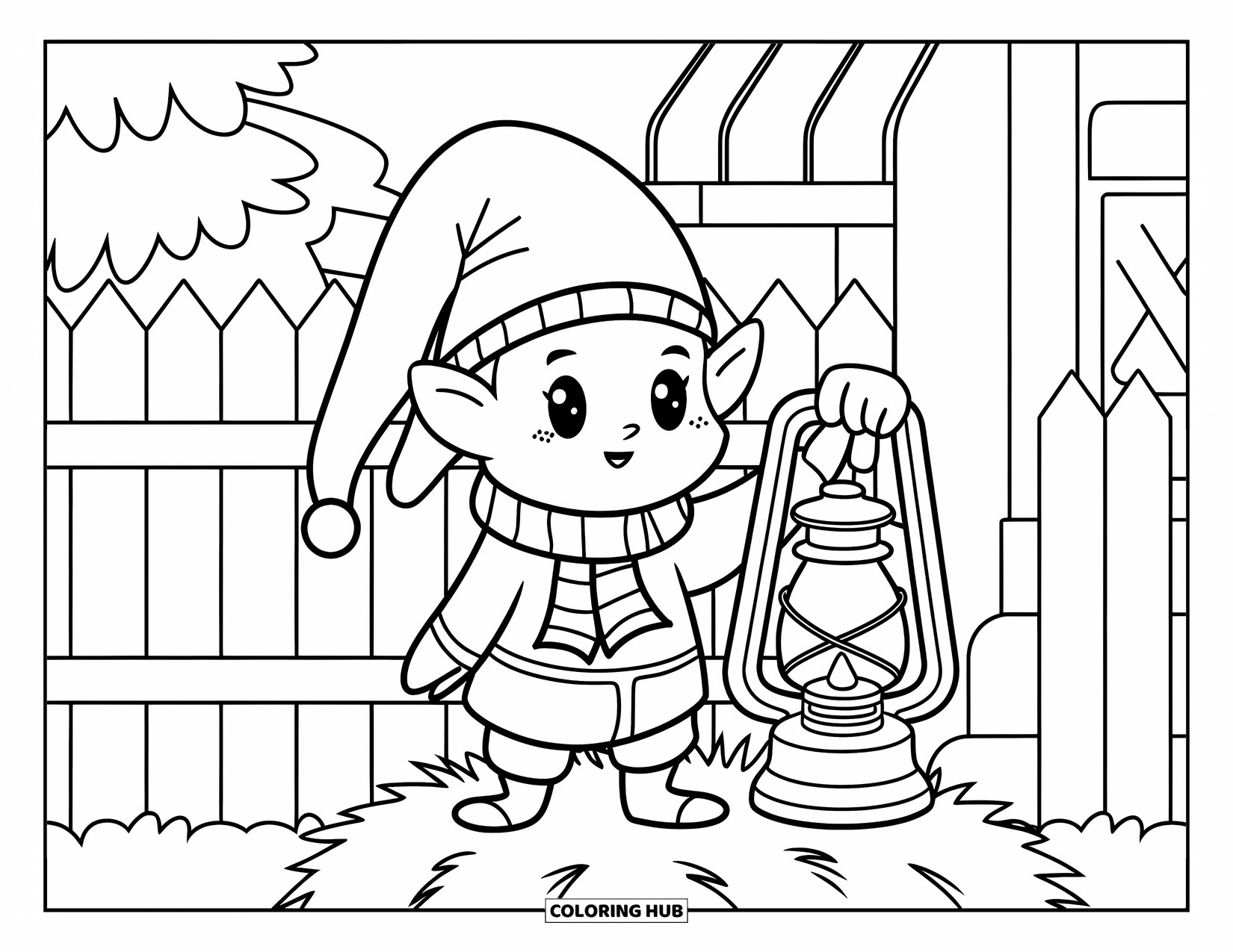 Fall Gnome Coloring Page for Kids: A gnome with a scarf lights a lantern beside a cottage and wooden fence