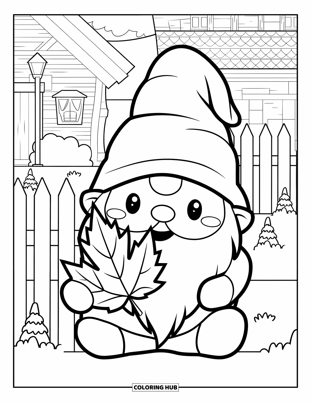 Fall Gnome Coloring Page for Kids: A happy gnome holds a maple leaf near a house, fence, and lamppost