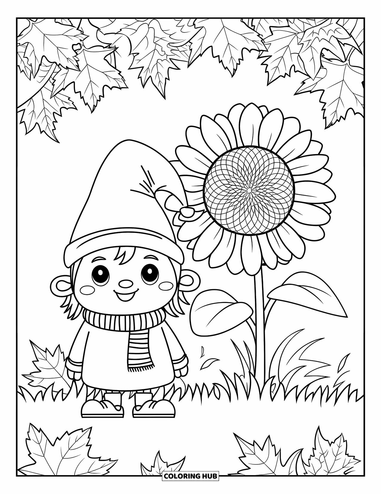 Fall Gnome Coloring Page for Kids: A scarfed gnome stands near a sunflower with scattered leaves and soft autumn light