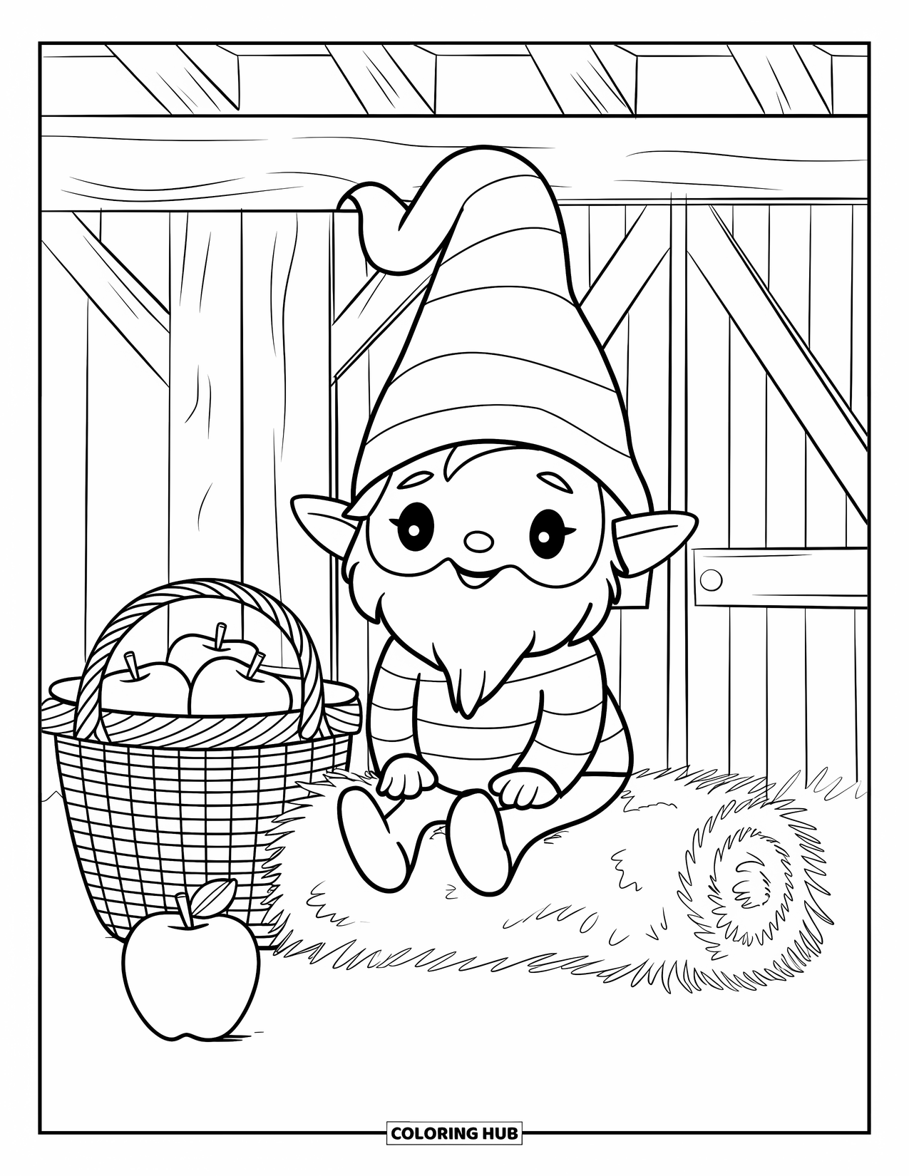 Fall Gnome Coloring Page for Kids: A smiling gnome sits on a hay bale beside apples and a wooden barn