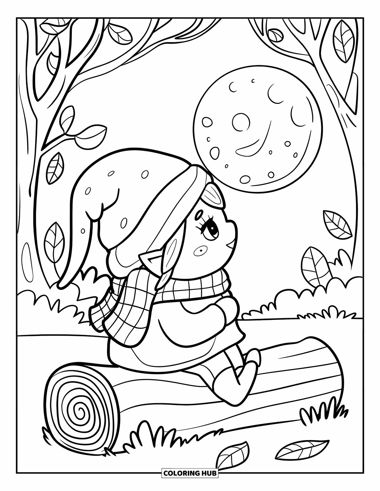 Fall Gnome Coloring Page for Kids: A thoughtful gnome sits on a log staring at the moon in a fall forest
