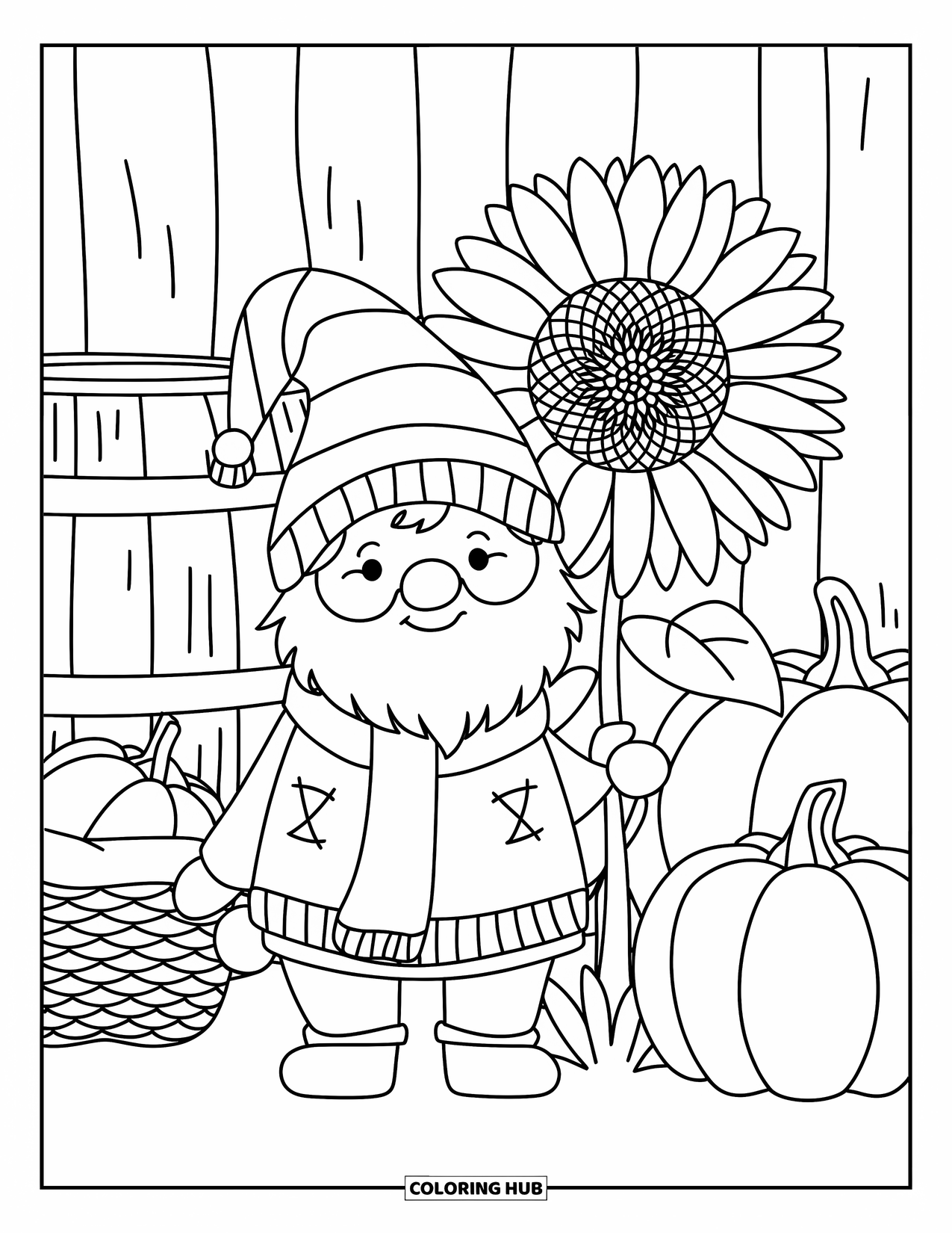 Fall Gnome Coloring Page for Kids: A warm gnome poses by a big sunflower with a basket and pumpkins nearby