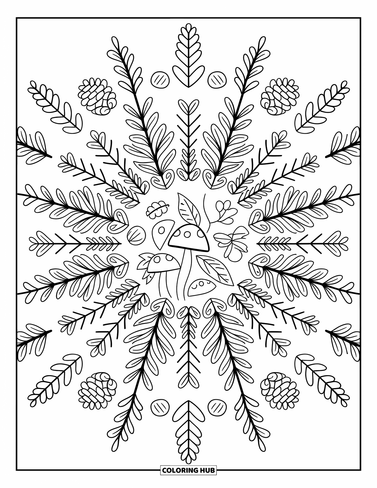 Fall Mandala Coloring Page for Adults: A mushroom ring gives way to pinecones, berries, and soft grasses