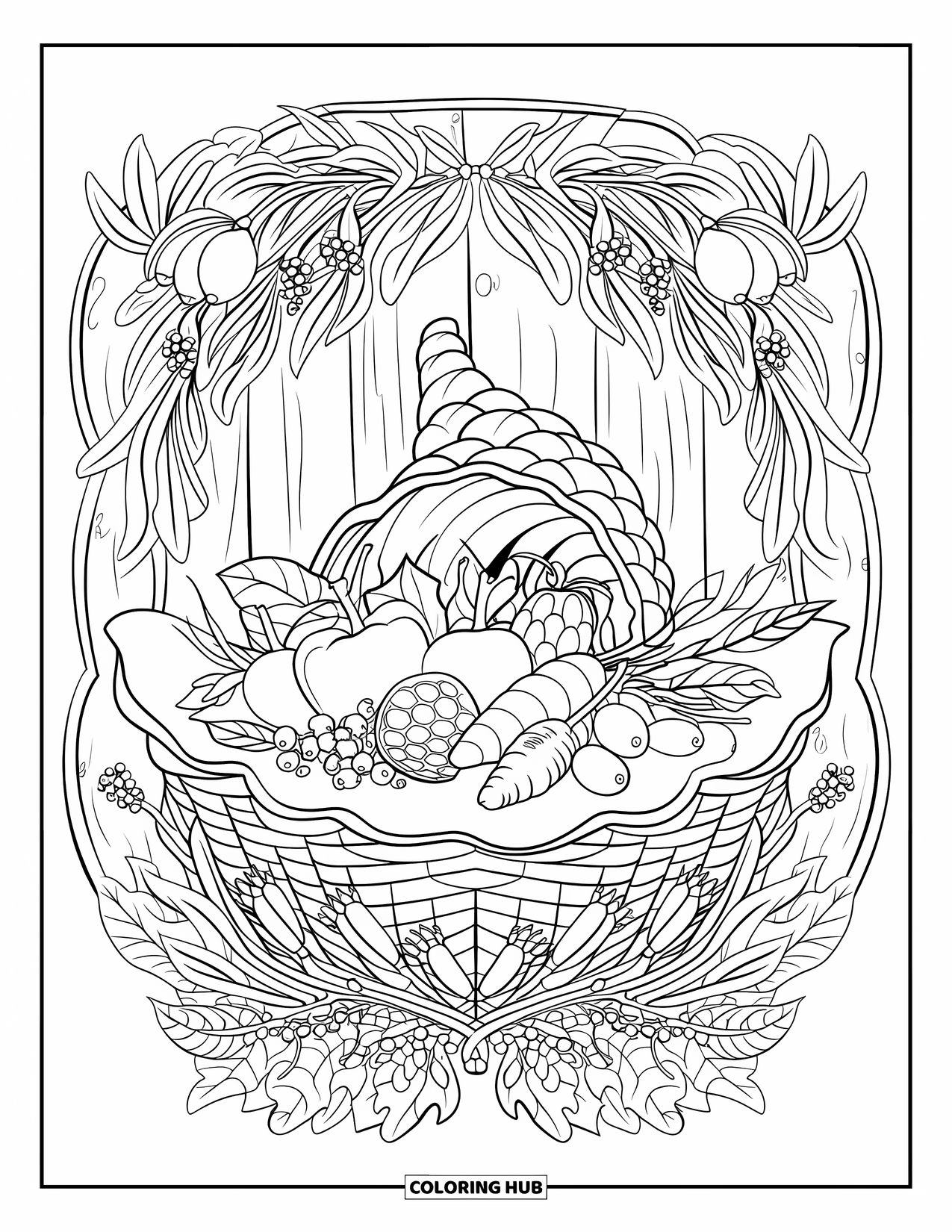 Fall Mandala Coloring Page for Adults: Basket cornucopia surrounded by herbs, seedpods, and rustic textures