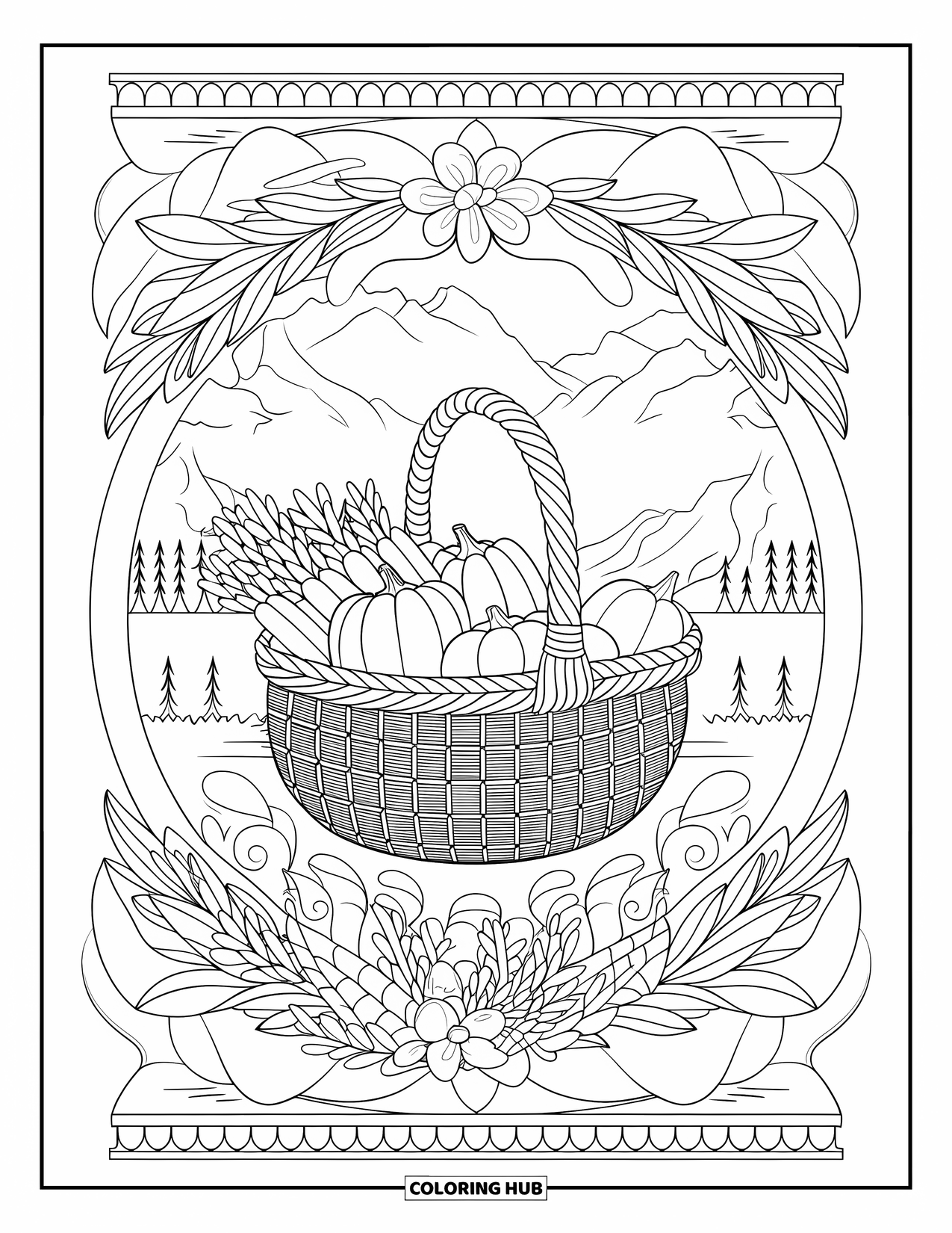 Fall Mandala Coloring Page for Adults: Basket of veggies in a mandala with mountains and trees