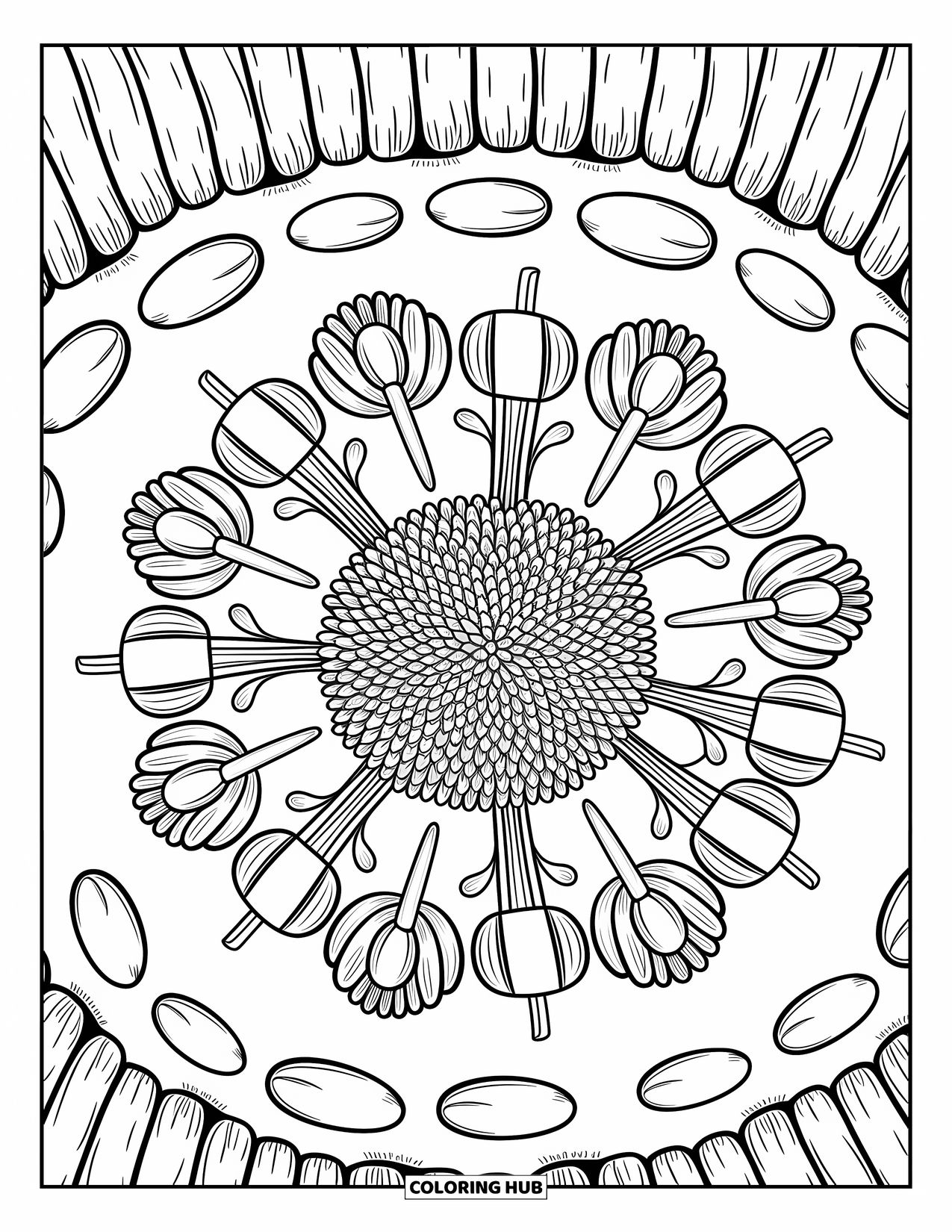 Fall Mandala Coloring Page for Adults: Chrysanthemums bloom in a mandala of garden tools, pumpkins, and cabbage leaves
