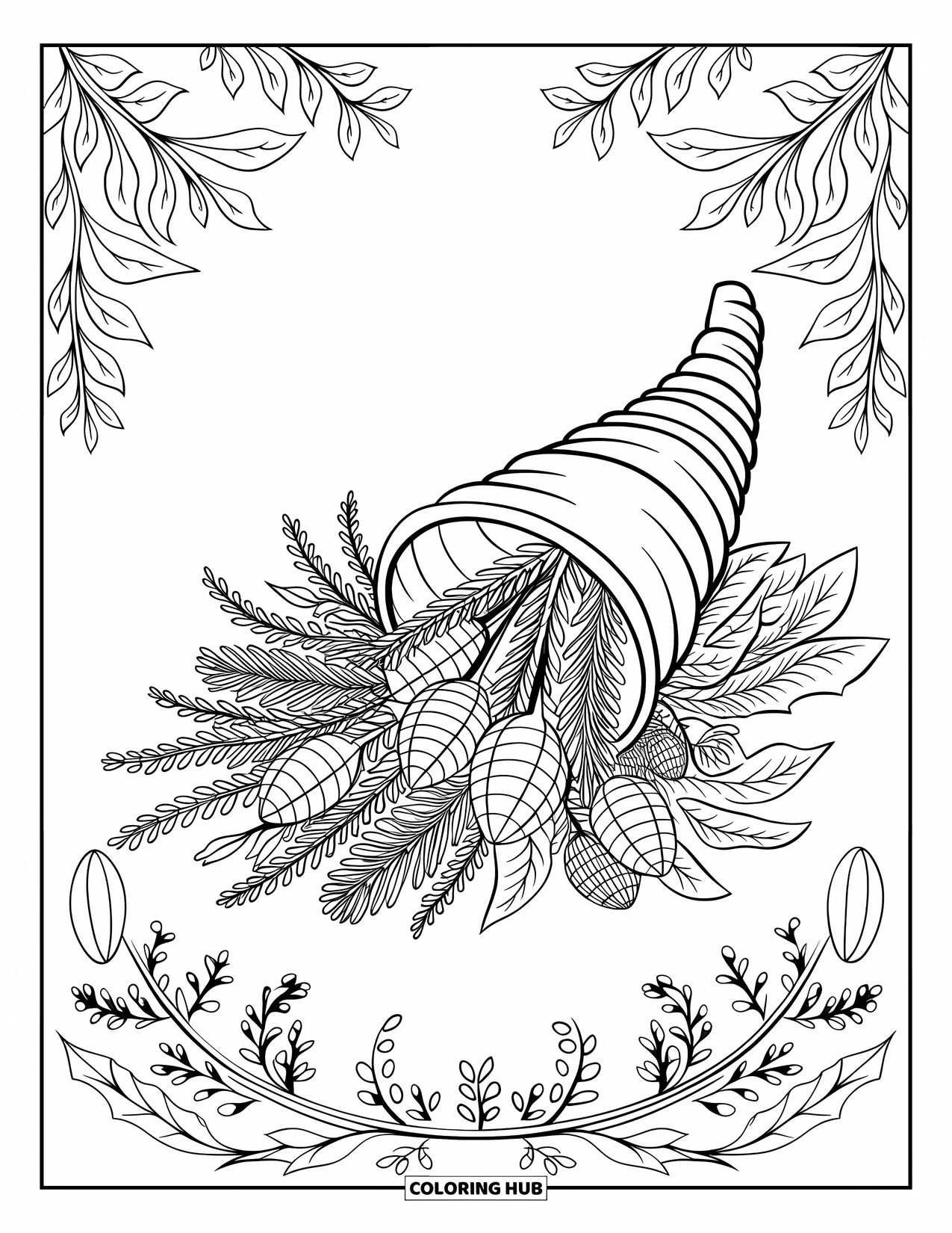 Fall Mandala Coloring Page for Adults: Cornucopia overflowing with dried herbs, vines, and seedpods