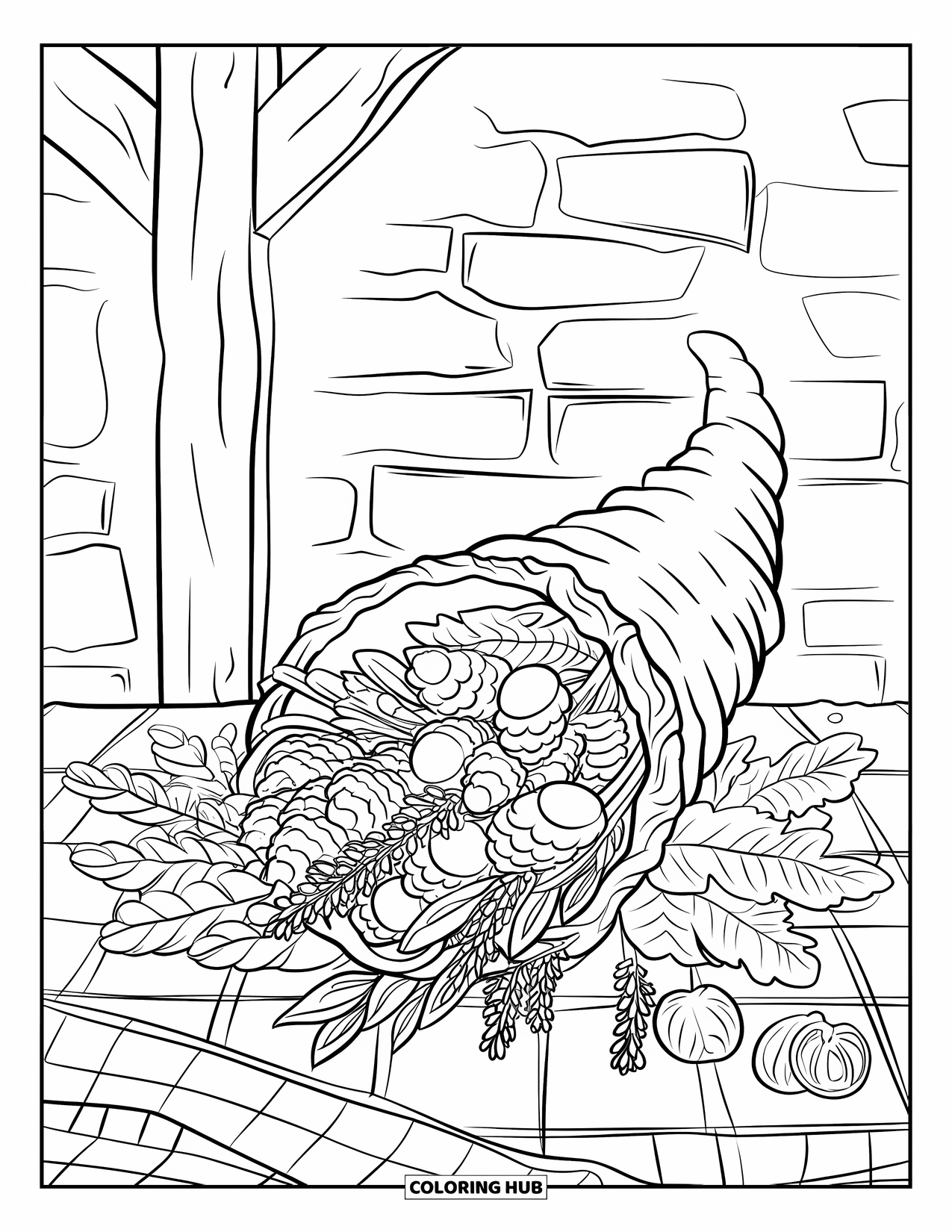 Fall Mandala Coloring Page for Adults: Cornucopia with herbs, seedpods, and fruits on a rustic table