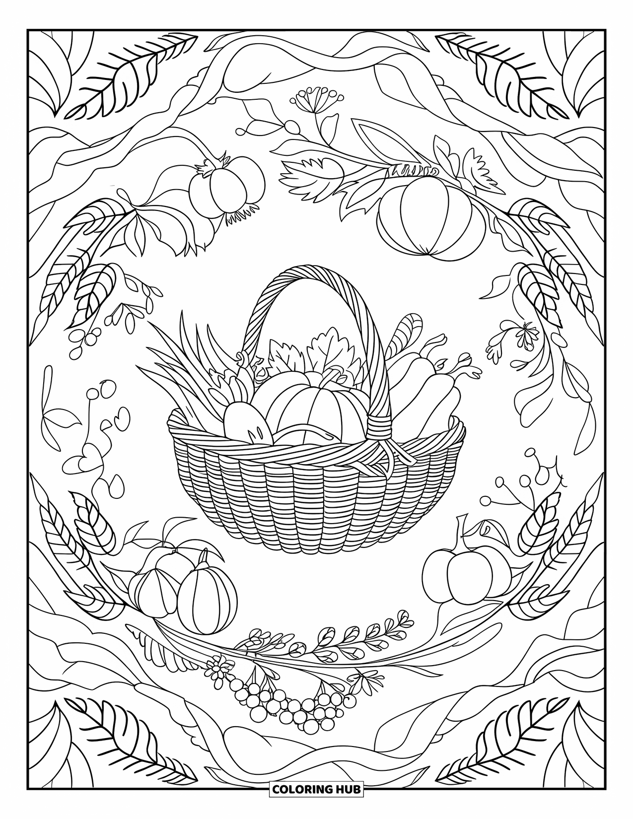 Fall Mandala Coloring Page for Adults: Harvest basket surrounded by a floral and leafy mandala