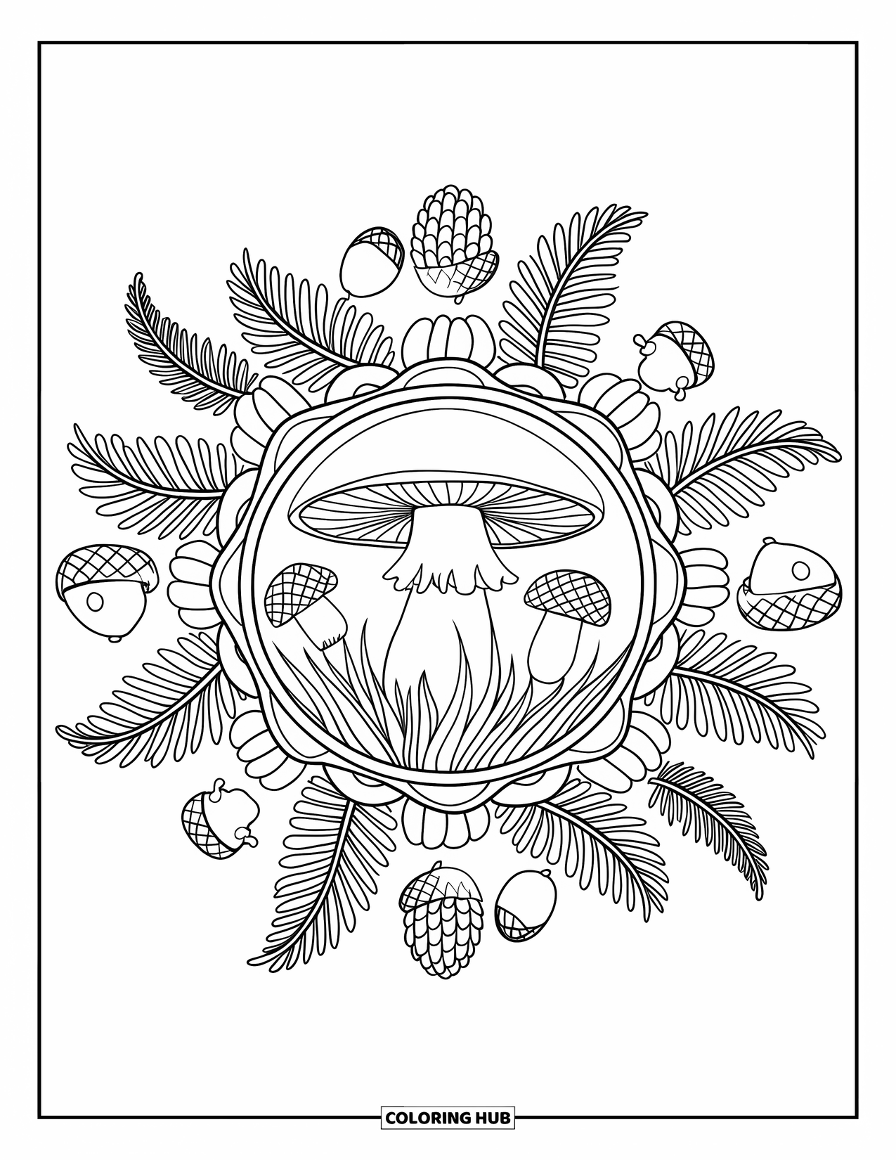 Fall Mandala Coloring Page for Adults: Mandala with a mushroom cap, fern fronds, pinecones, and acorns