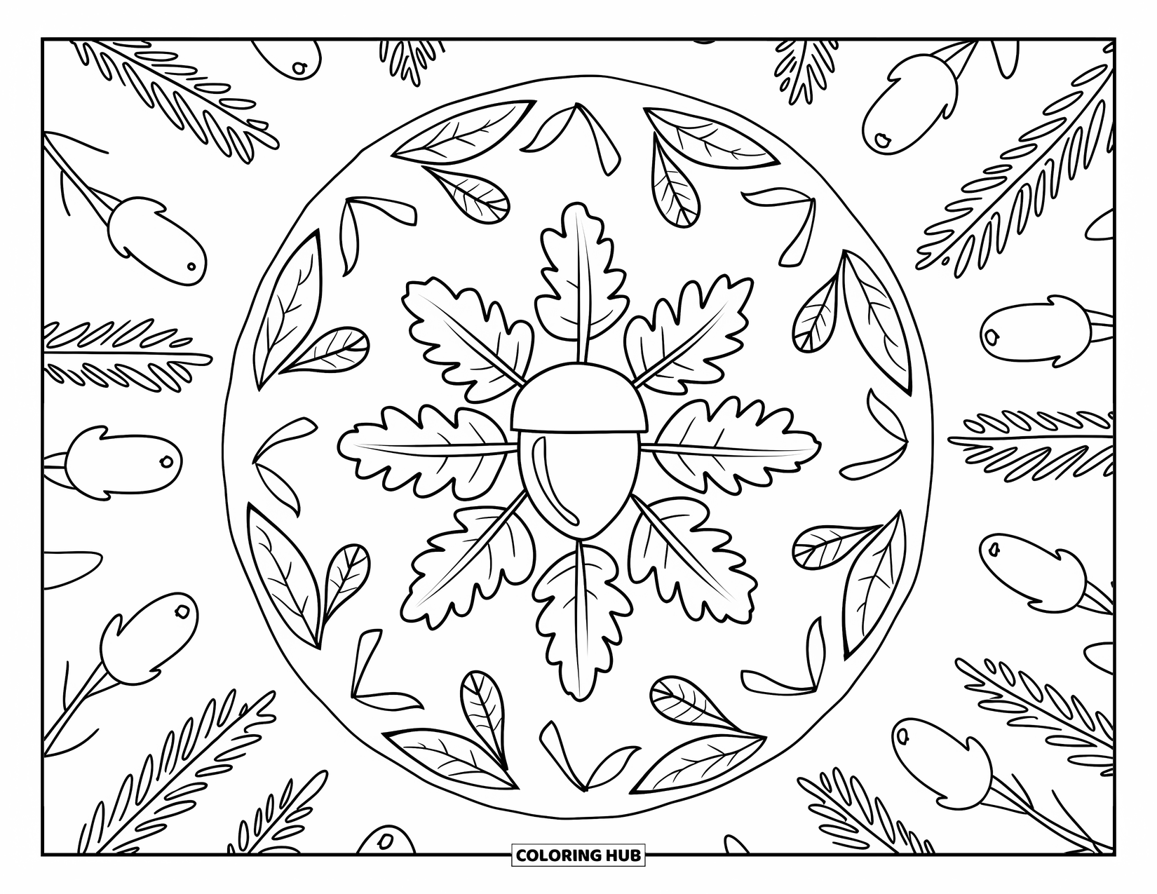 Fall Mandala Coloring Page for Adults: Mandala with oak leaves, acorns, and branches in concentric forest rings