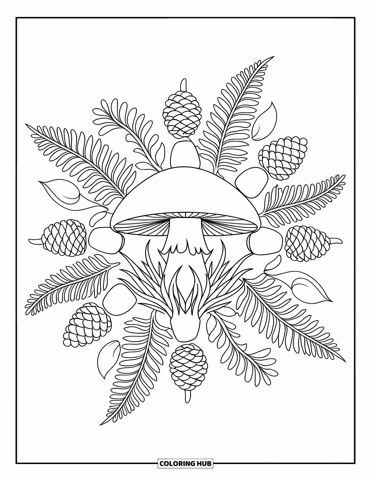Fall Mandala Coloring Page for Adults: Mushroom cap at the center of a botanical forest mandala
