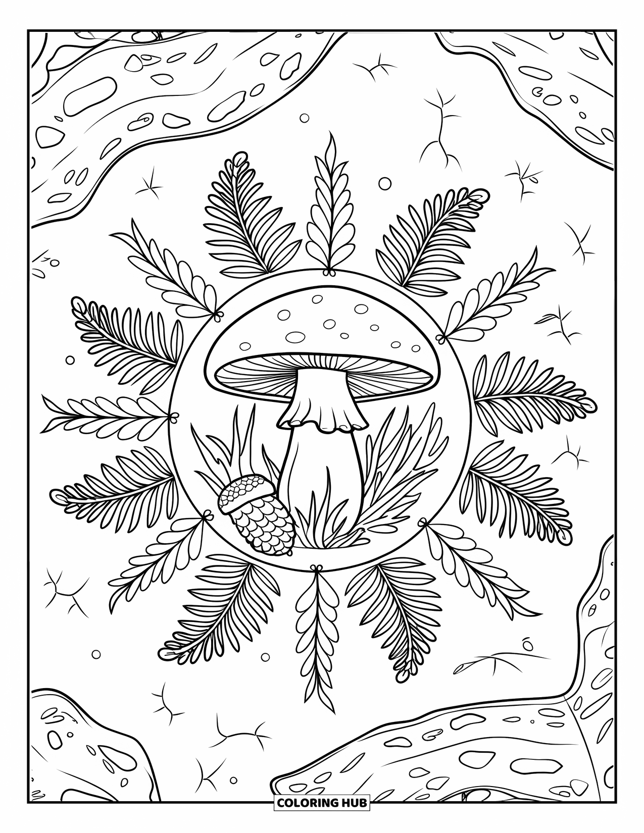 Fall Mandala Coloring Page for Adults: Mushroom mandala with forest elements on a textured ground