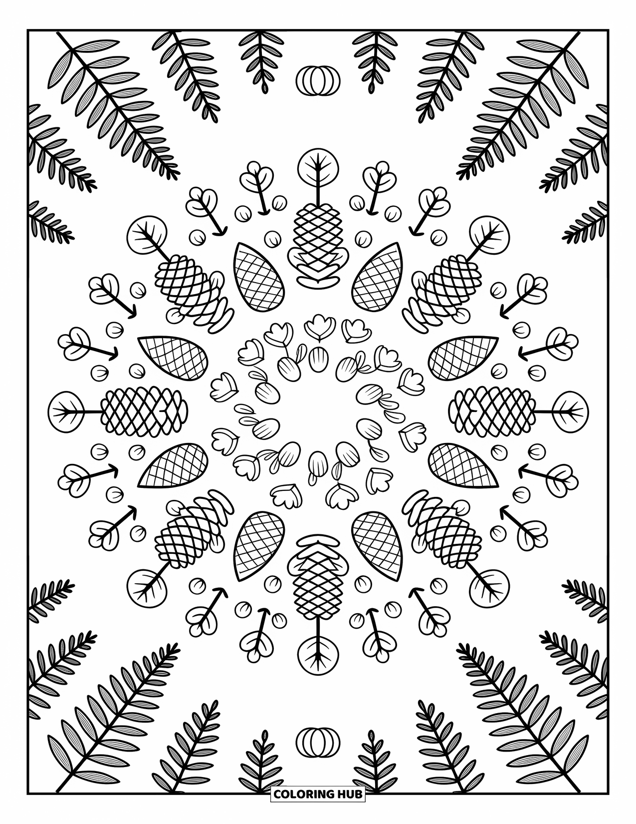 Fall Mandala Coloring Page for Adults: Mushrooms, ferns, and berries swirl in a rustic woodland mandala