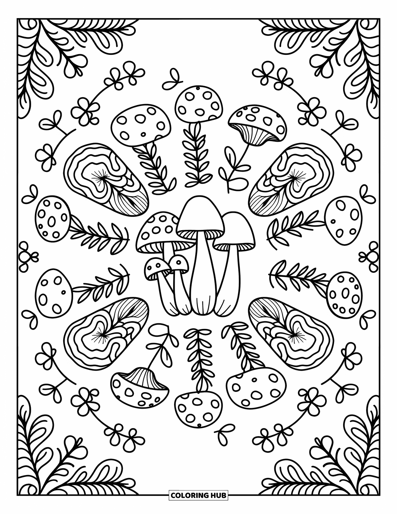 Fall Mandala Coloring Page for Adults: Mushrooms, vines, and ferns dance in whimsical mandala layers