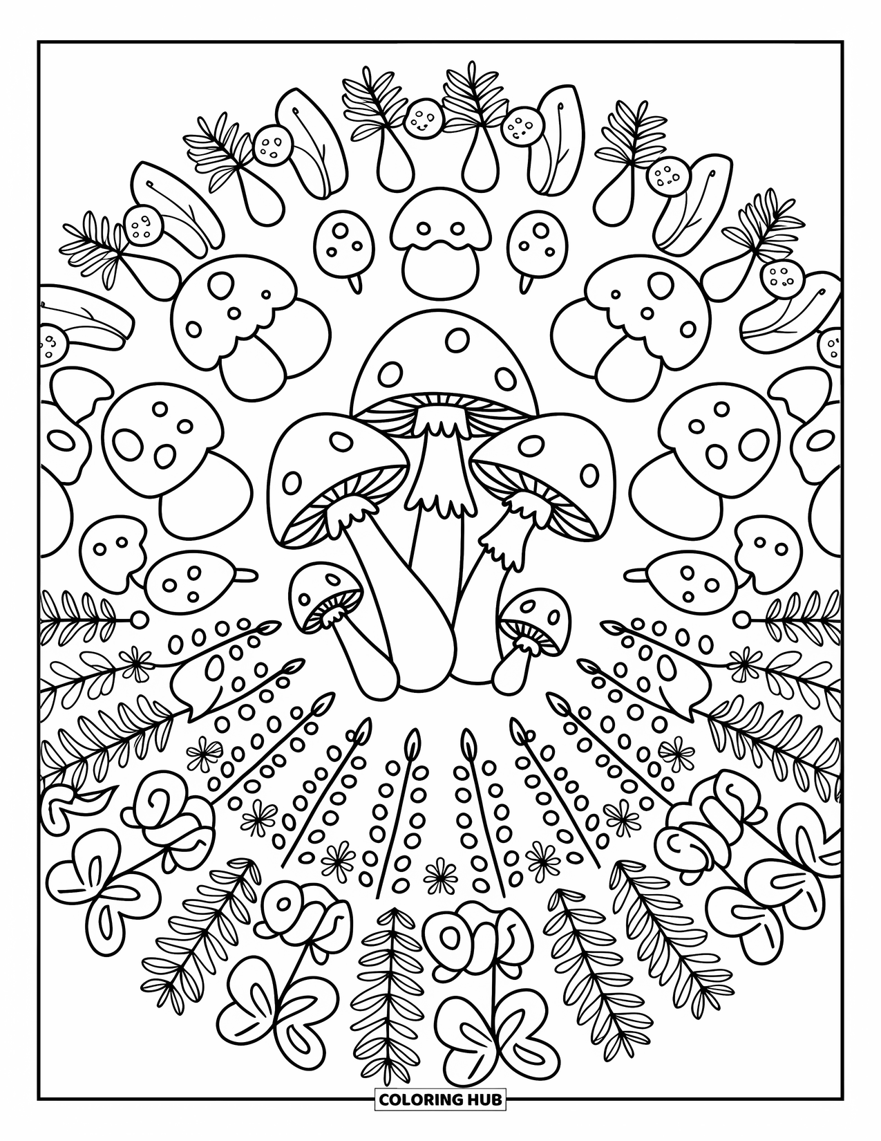 Fall Mandala Coloring Page for Adults: Playful mushrooms, clovers, and ferns form a cozy forest mandala