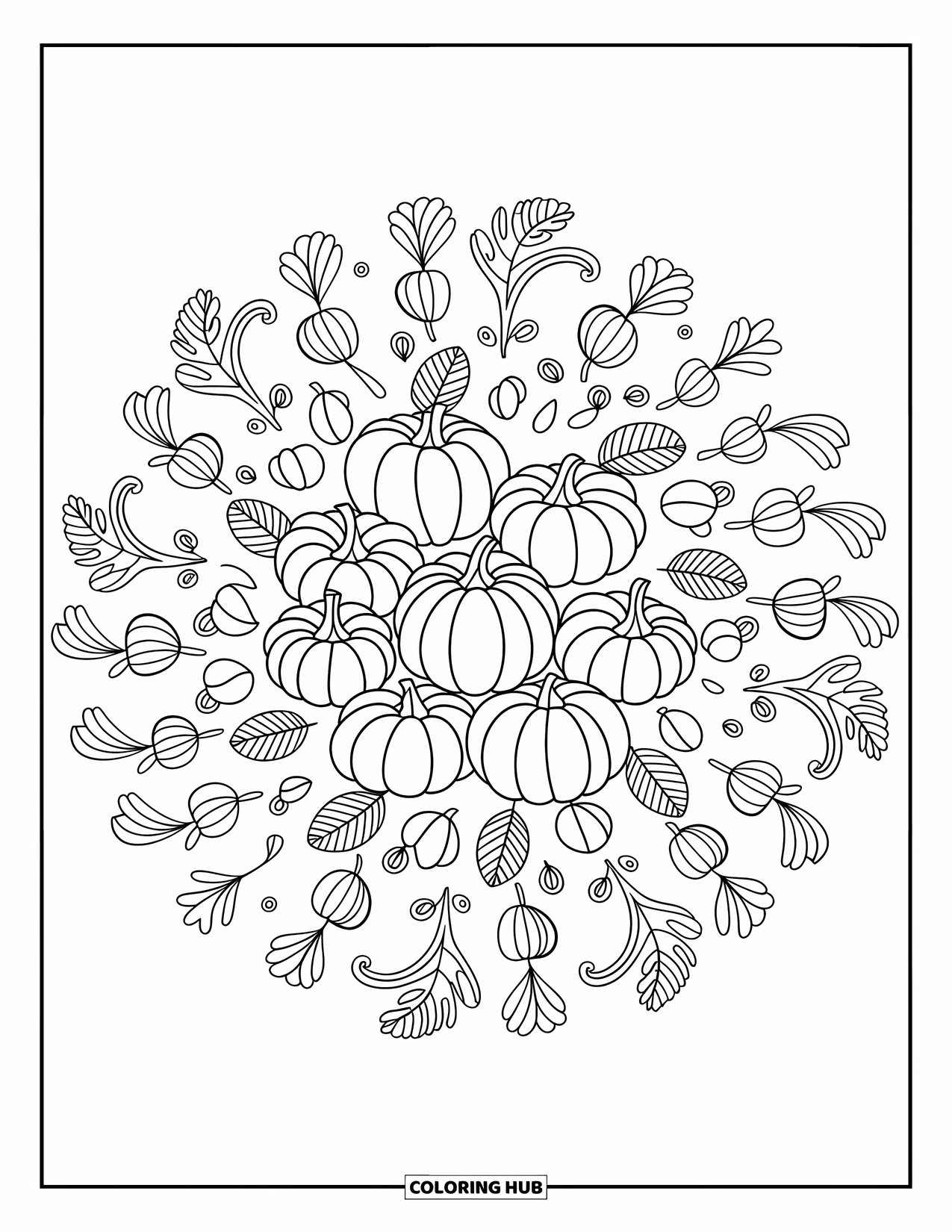 Fall Mandala Coloring Page for Adults: Pumpkin tendrils and hay bales wrap around cute little gourds in a warm mandala