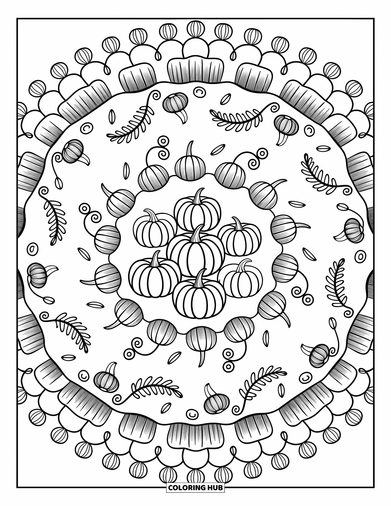 Fall Mandala Coloring Page for Adults: Pumpkin vines and hay bales twist into a cozy mandala of autumn harvest