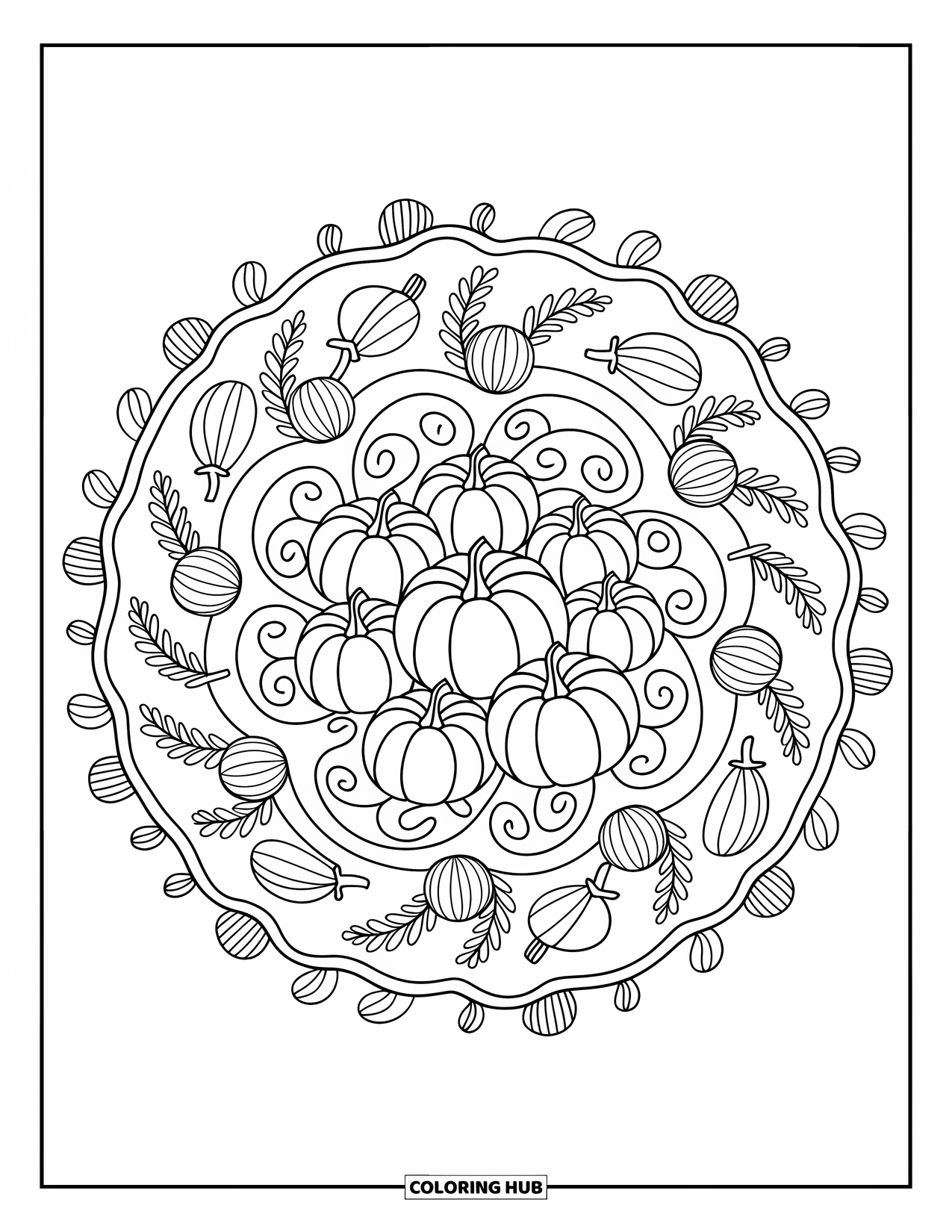 Fall Mandala Coloring Page for Adults: Pumpkins, squash, and swirling vines form a soft, layered mandala